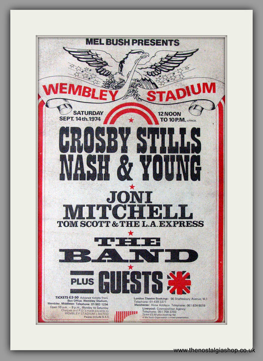 Crosby Stills Nash & Young at Wembley Stadium. Original Advert 1974 (ref AD11280)