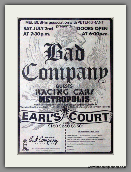 Bad Company. Earls Court 2nd July '77 Vintage Advert 1977 (ref AD11339)