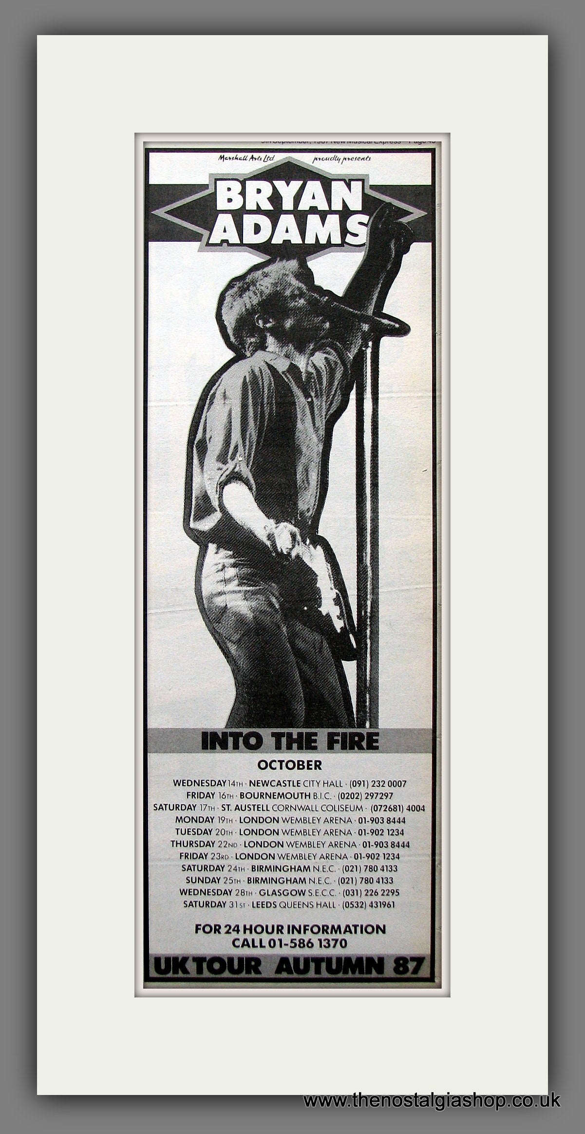 Bryan Adams. Into The Fire. UK Tour. Original Advert 1987 (ref 