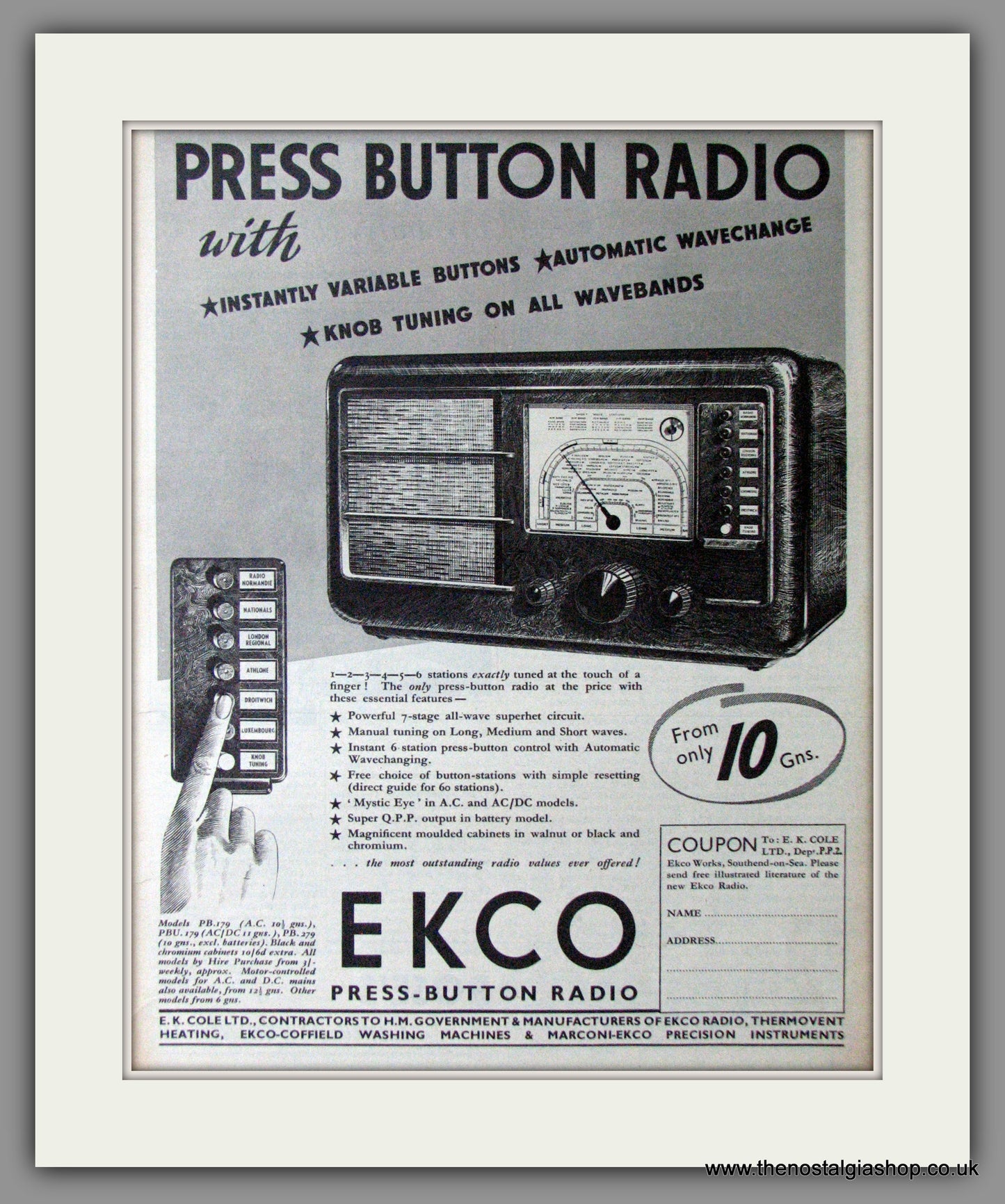 Ekco Press Button Radio. Original Advert 1938 (ref AD11431)