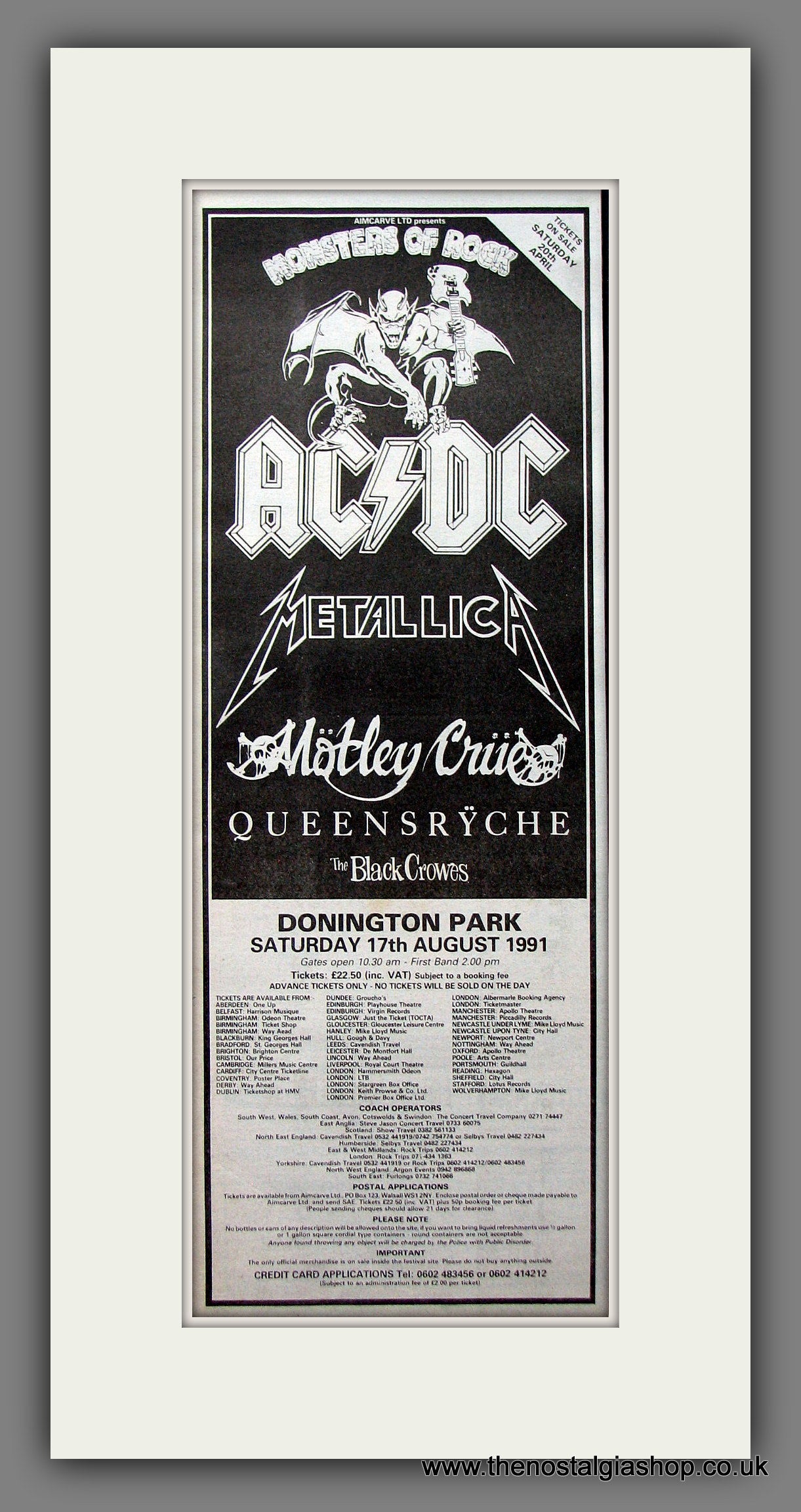 AC DC Monsters Of Rock Donington. Original Advert 1991 (ref AD200271)