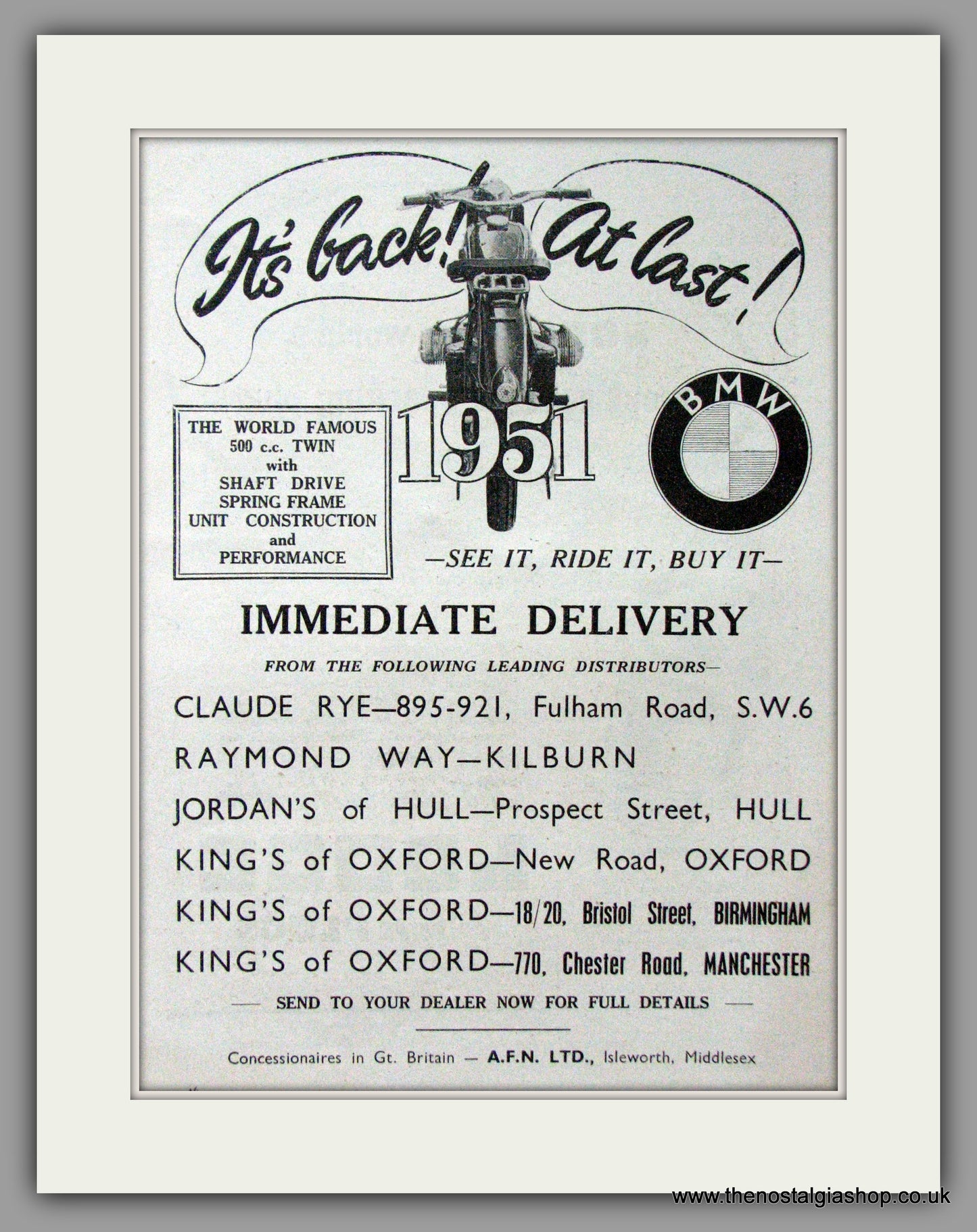 BMW 500cc Twin. Motorcycle. 1951 Original Advert (ref AD51537)