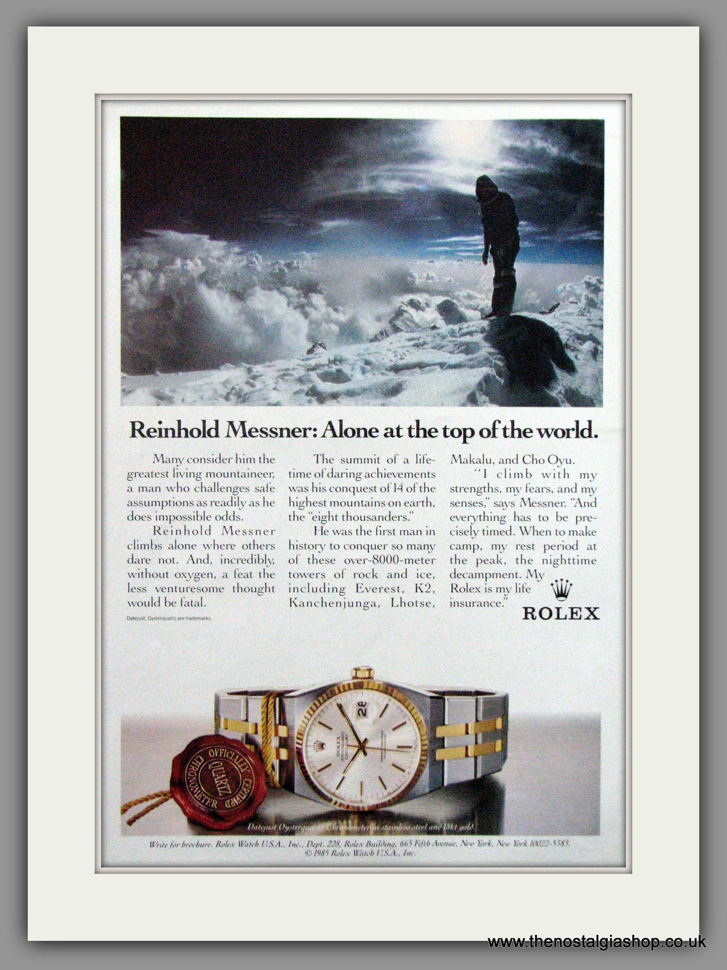 Rolex Datejust Oysterquartz. Reinhold Messner. Original Advert 1987 (ref AD51706)