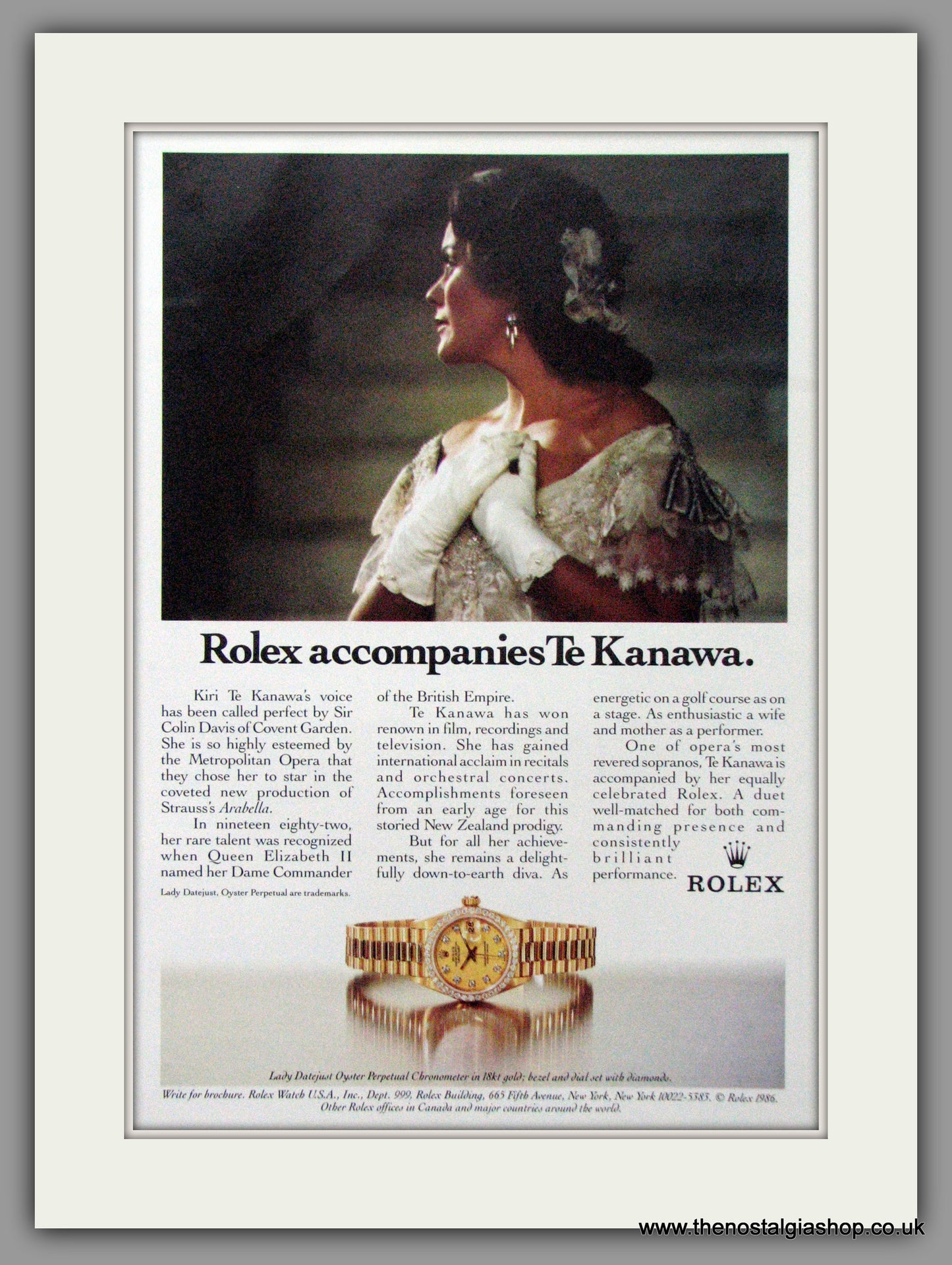 Rolex Accompanies Kiri Te Kanawa. Original Advert 1986 (ref AD51849)