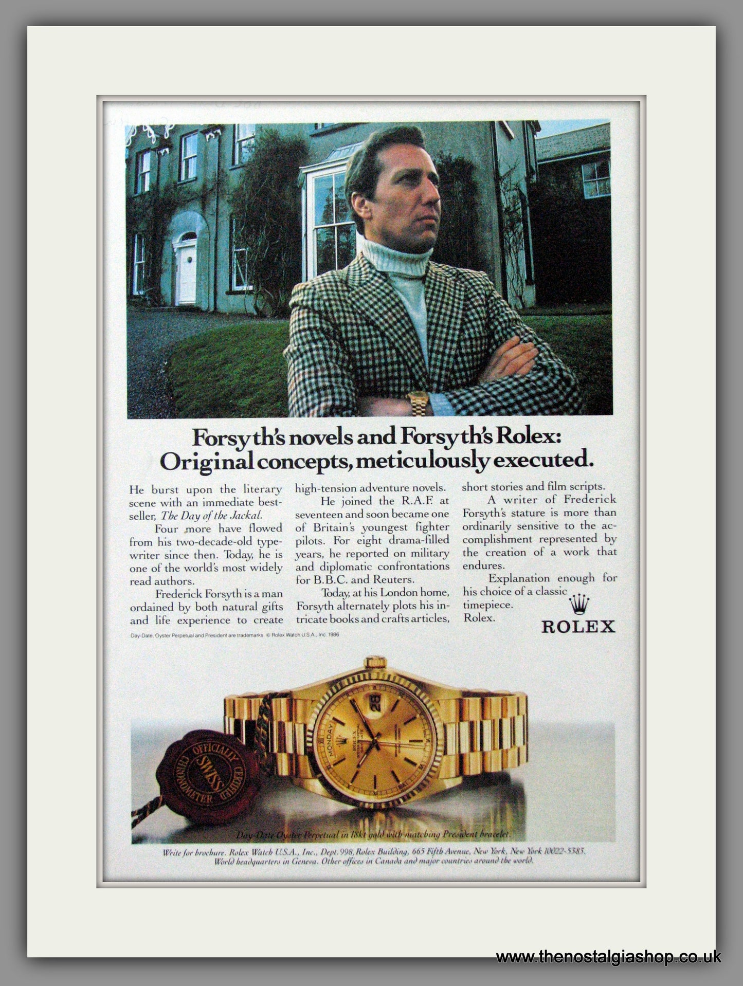 Rolex Day-Date Oyster Perpetual, worn by Frederick Forsyth. Original Advert 1986 (ref AD51829)