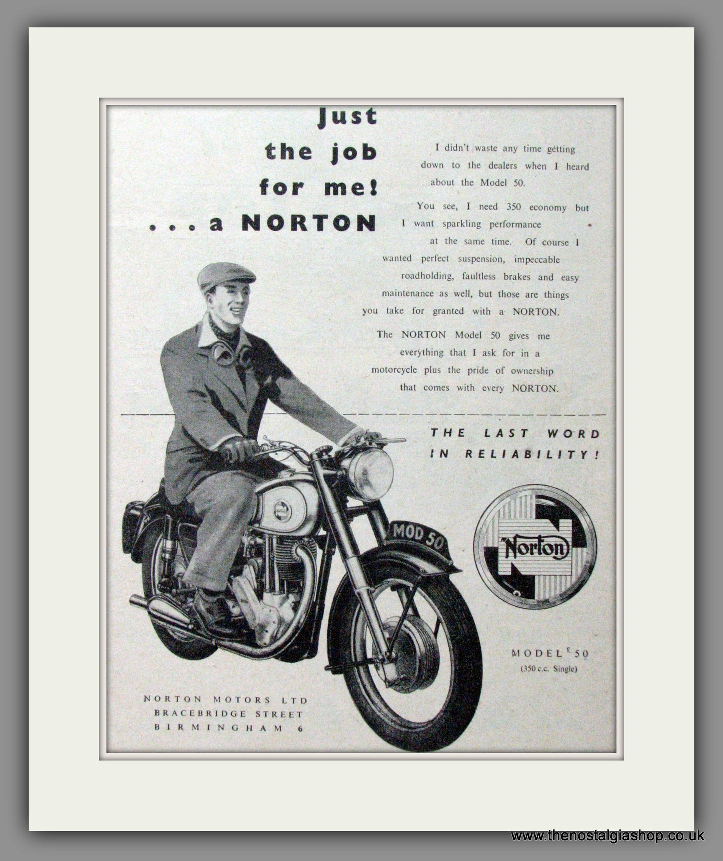 Norton Model 50 350cc Single. Original Advert 1956 (ref AD51926)
