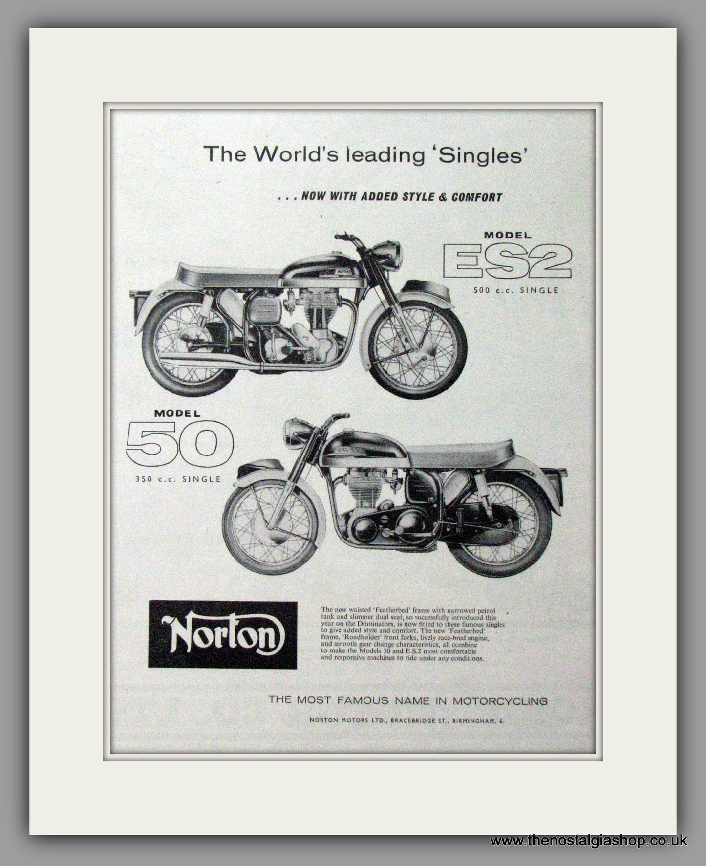 Norton Model 50 350cc Single & ES2 500cc Single. Original Advert 1960 (ref AD51927)