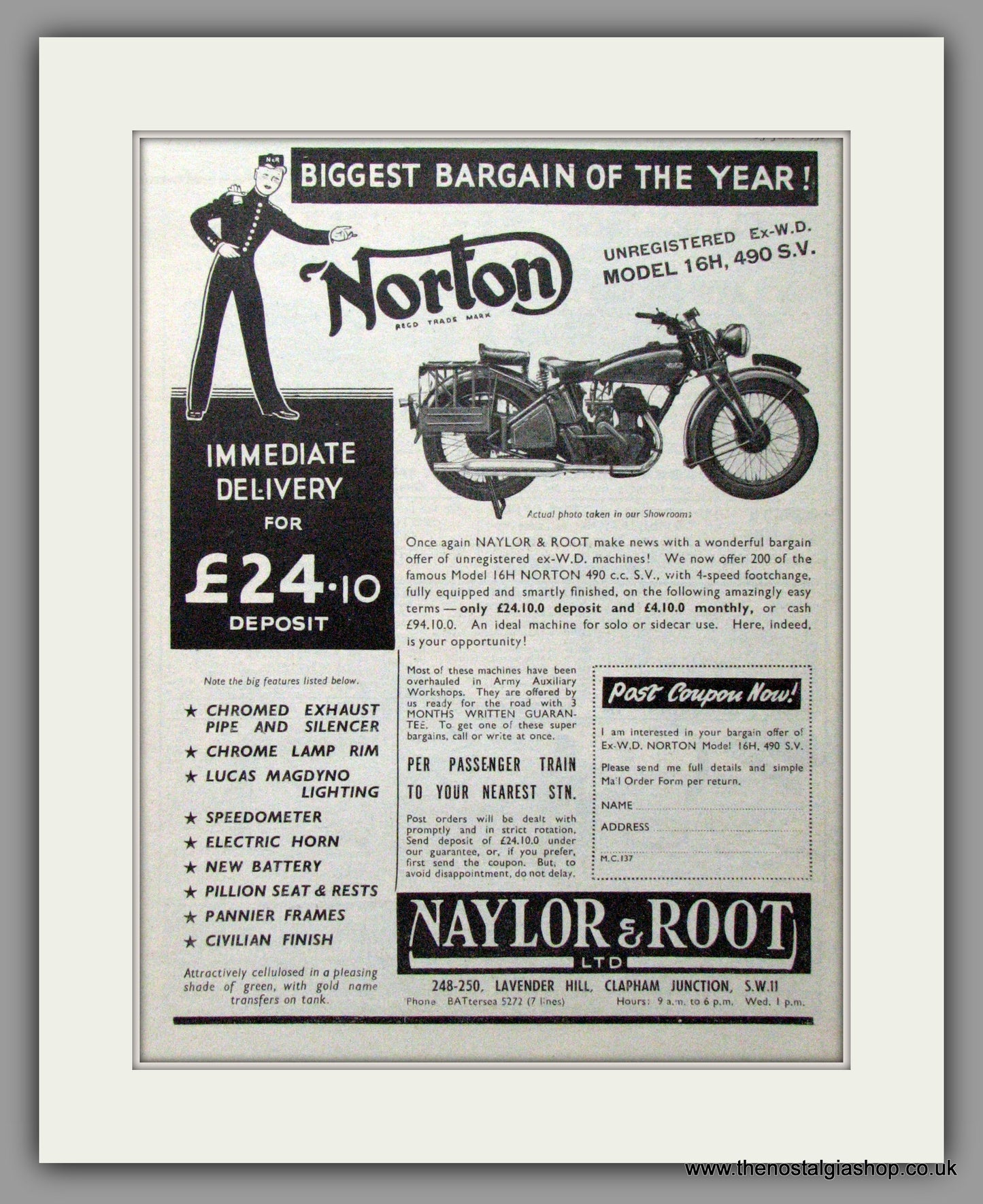 Norton Model 16H 490 SV. Original Advert 1950 (ref AD51931)