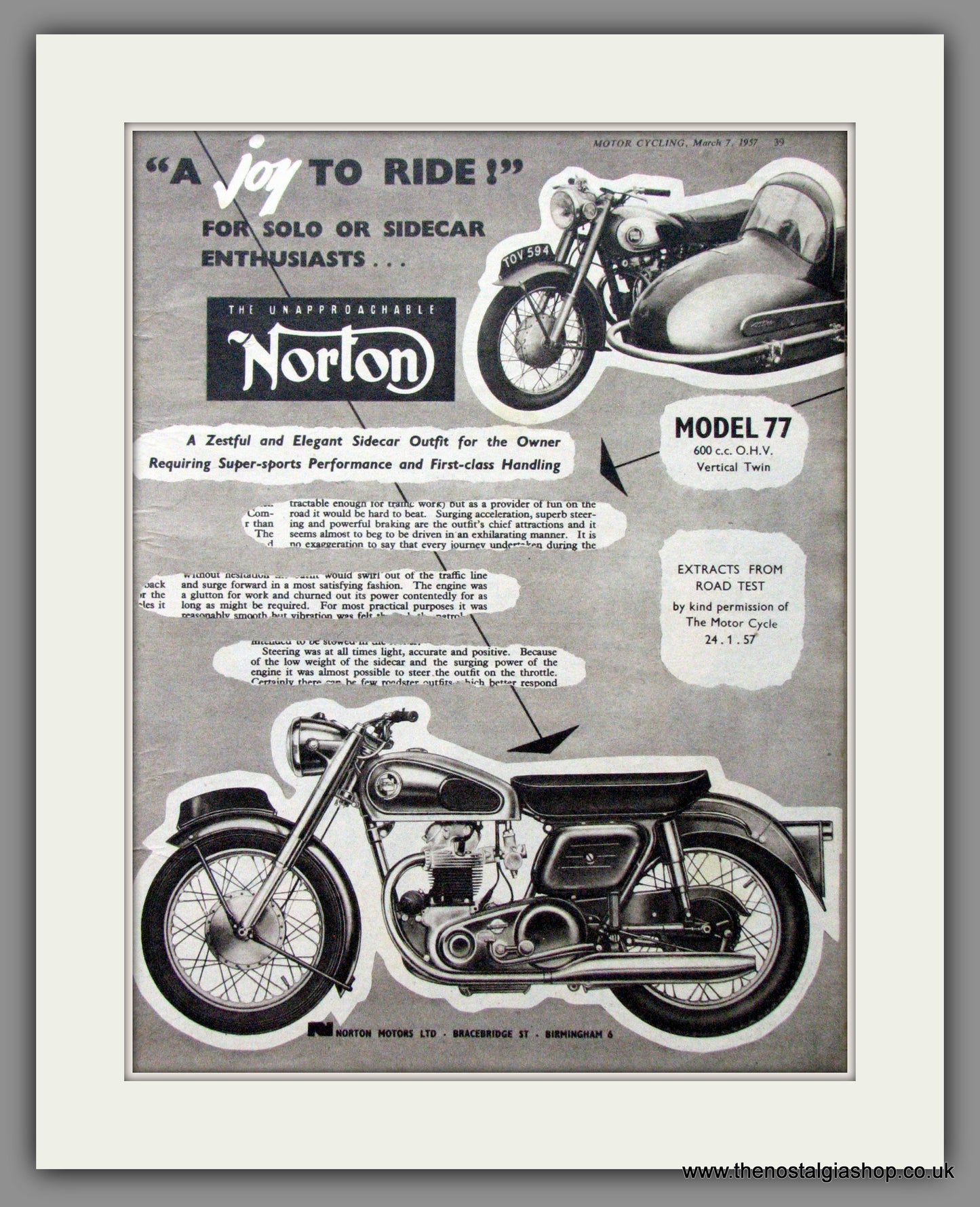 Norton Model 77 600cc O.H.V. Vertical Twin. Original Advert 1957 (ref AD51934)
