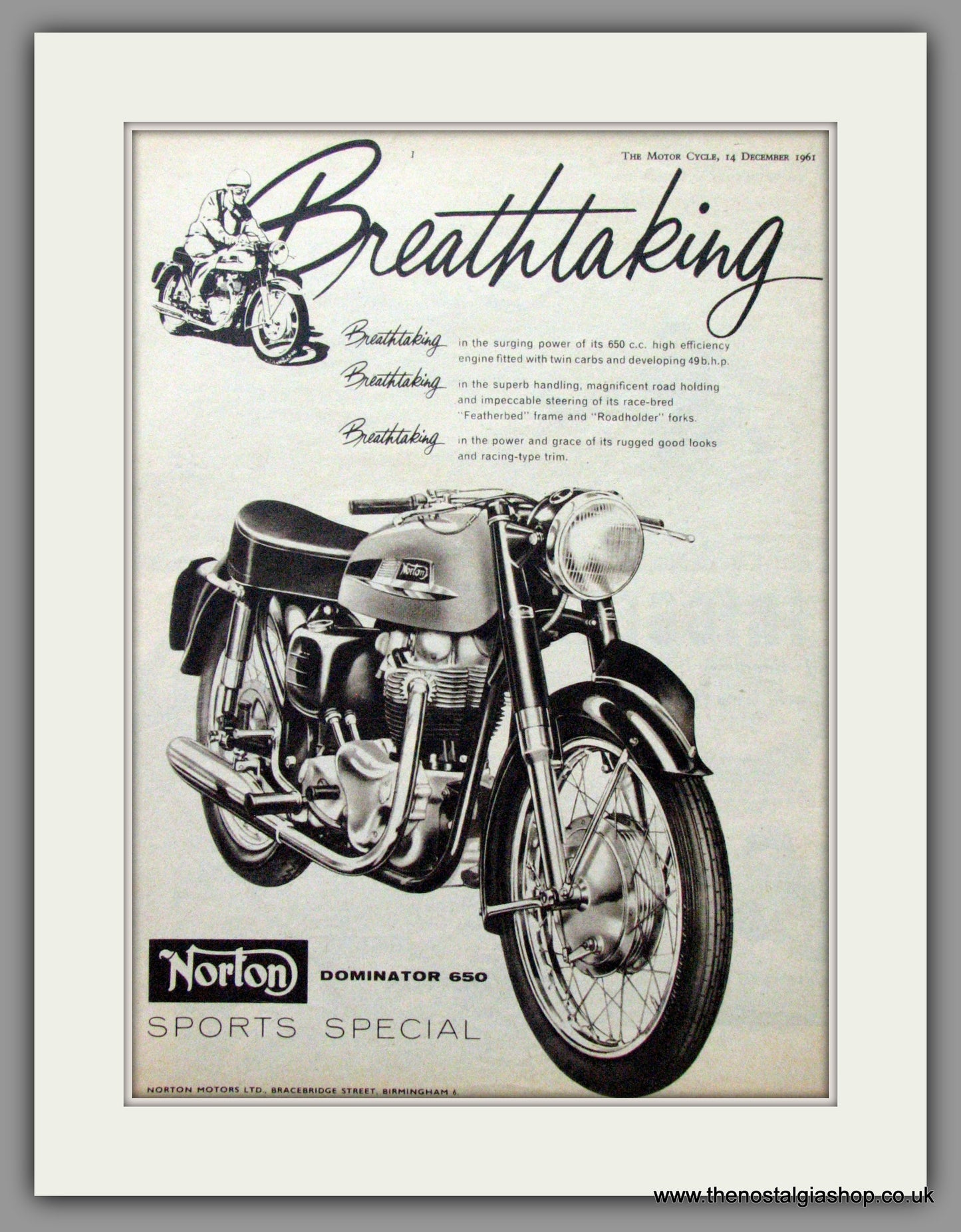 Norton Dominator 650 Sports Special. Original Advert 1961 (ref AD51939)