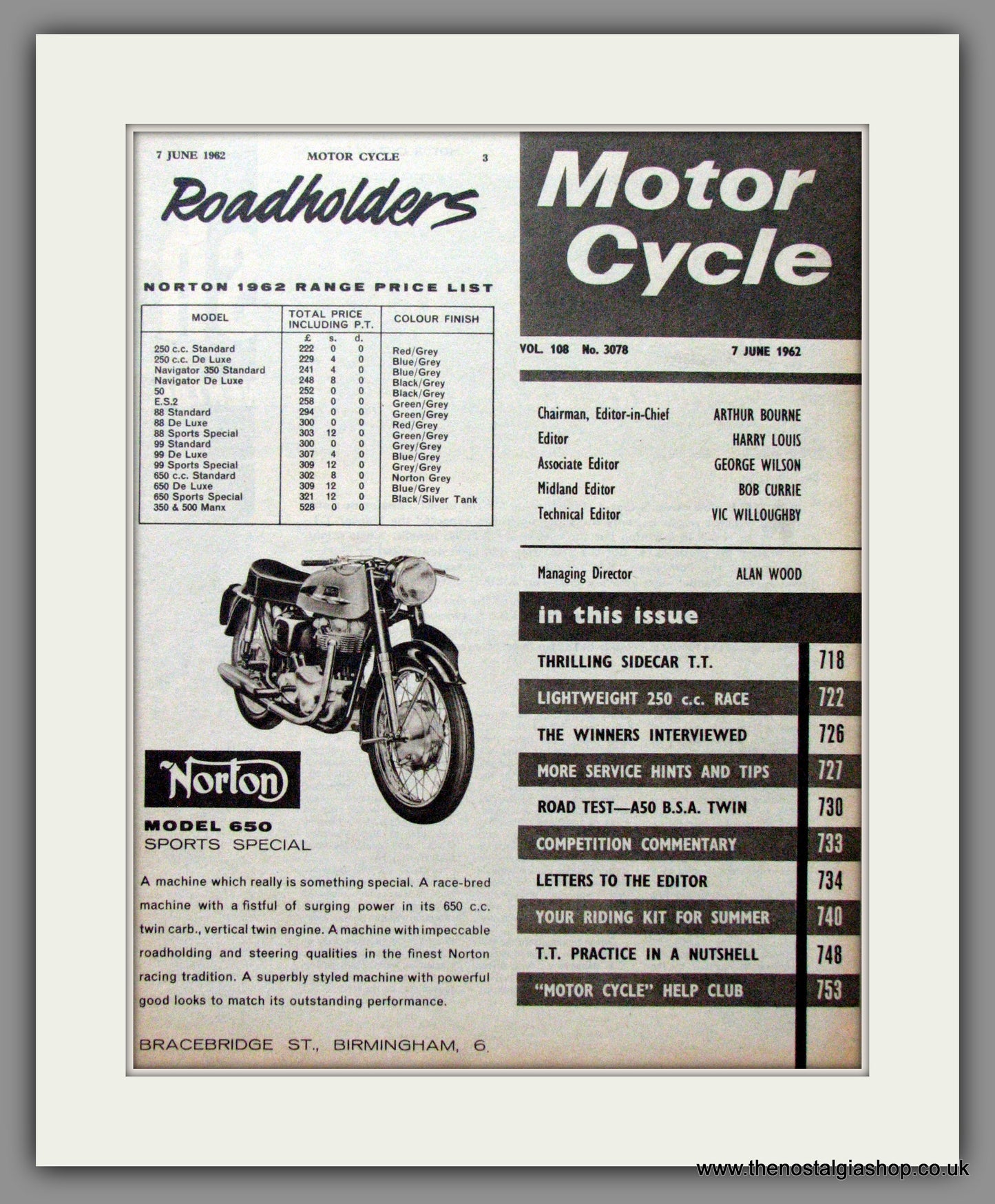 Norton 650 Sports Special. Original Advert 1962 (ref AD51945)