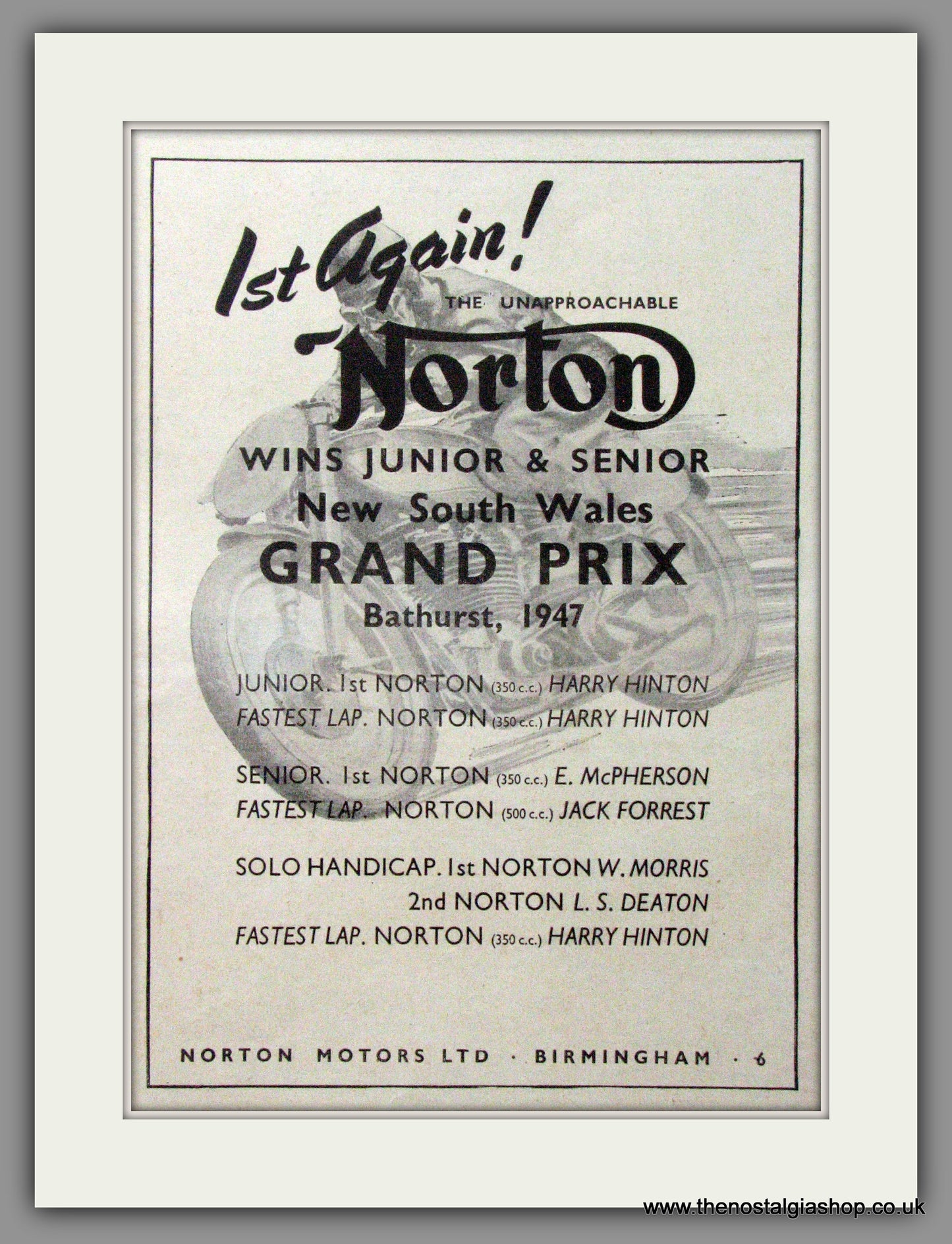 Norton Wins New South Wales Grand Prix . Original Advert 1948 (ref AD51948)