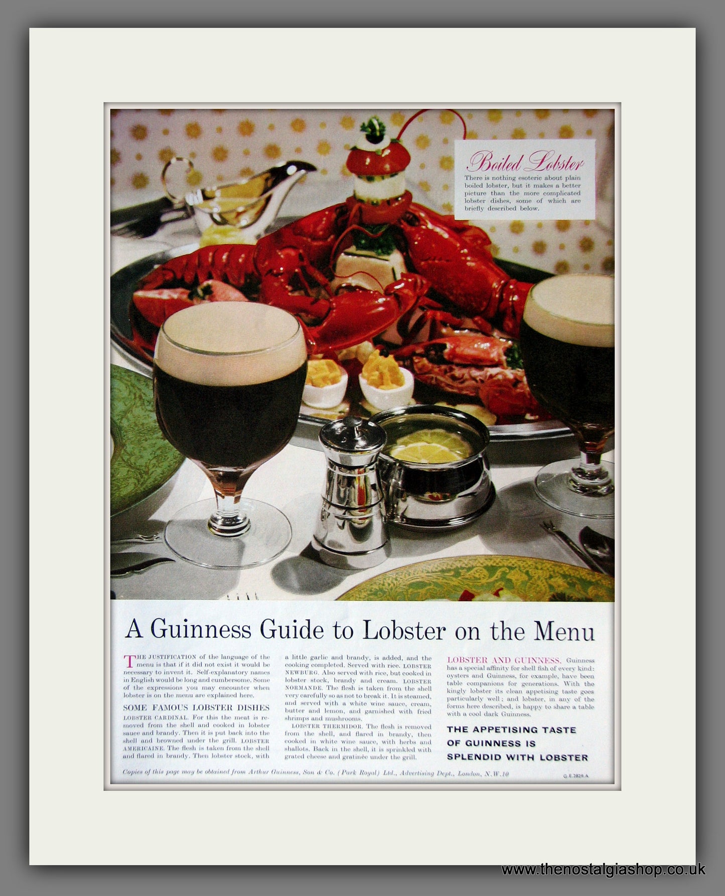 Guinness with Lobster On The Menu. 1958 Original Advert (ref AD56343)