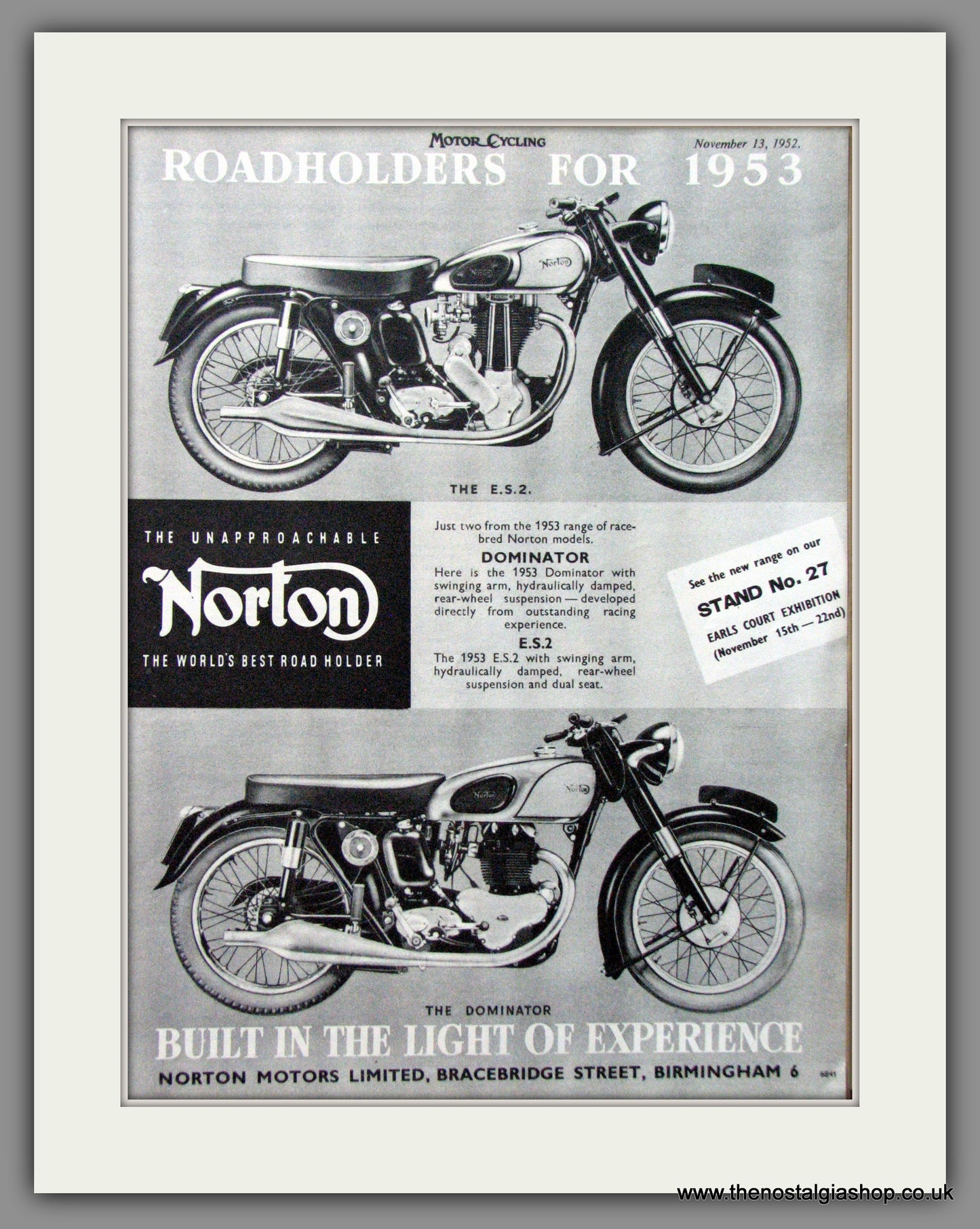 Norton. Roadholders for 1953, ES2 and Dominator. Original Advert 1952 (ref AD51955)