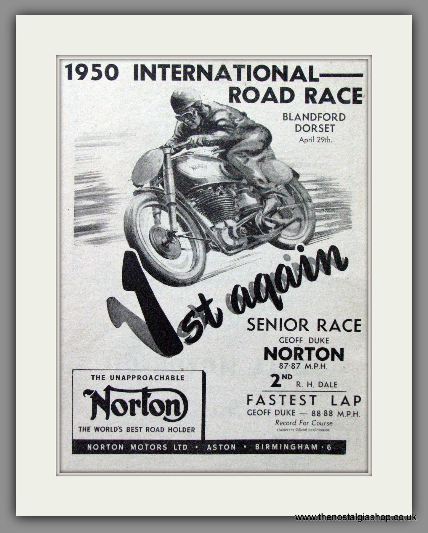 Norton Wins International Road Race, Blandford Dorset. Original Advert 1950 (ref AD51964)