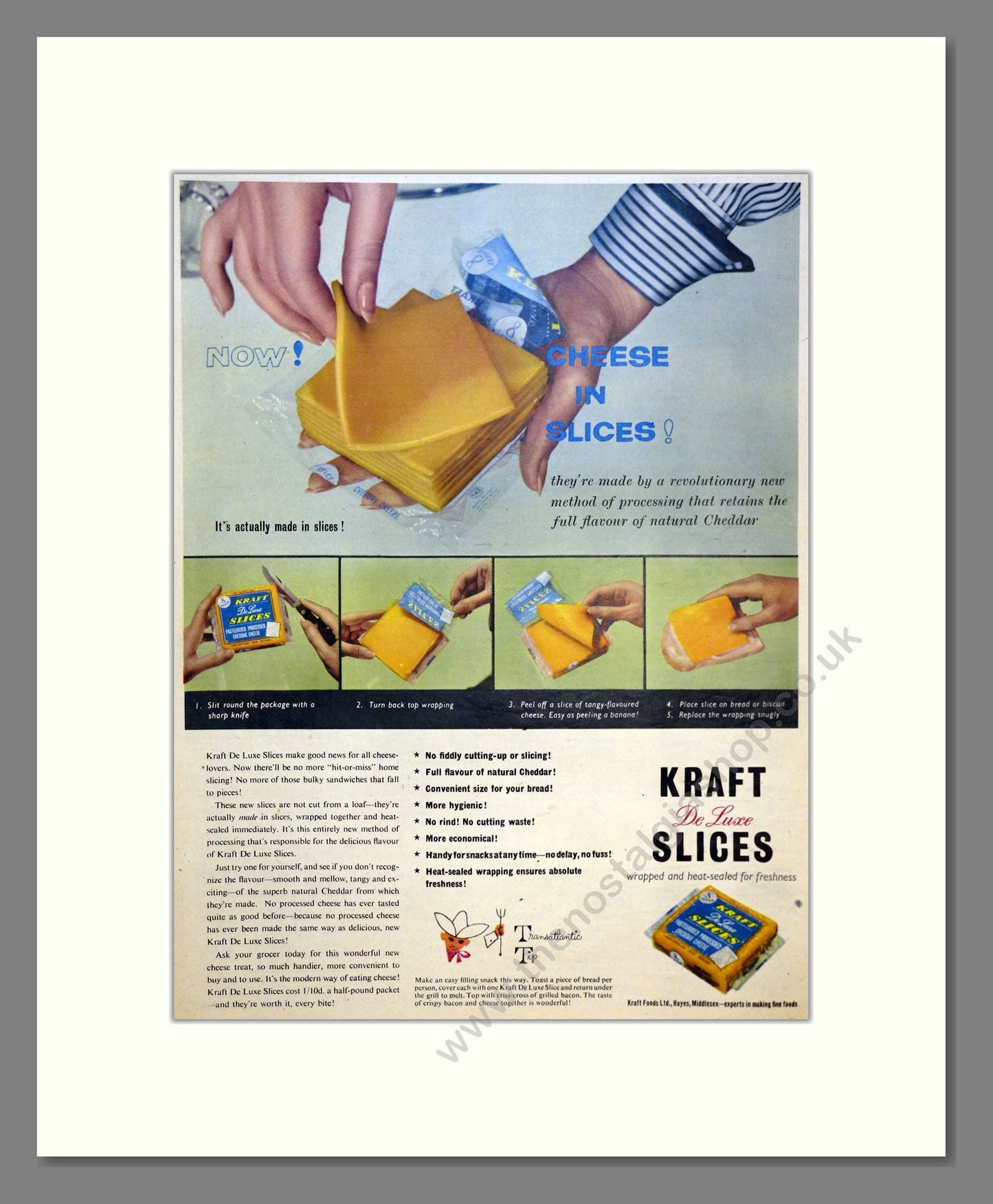 Kraft Cheese Slices. Vintage Advert 1955 (ref AD301595)