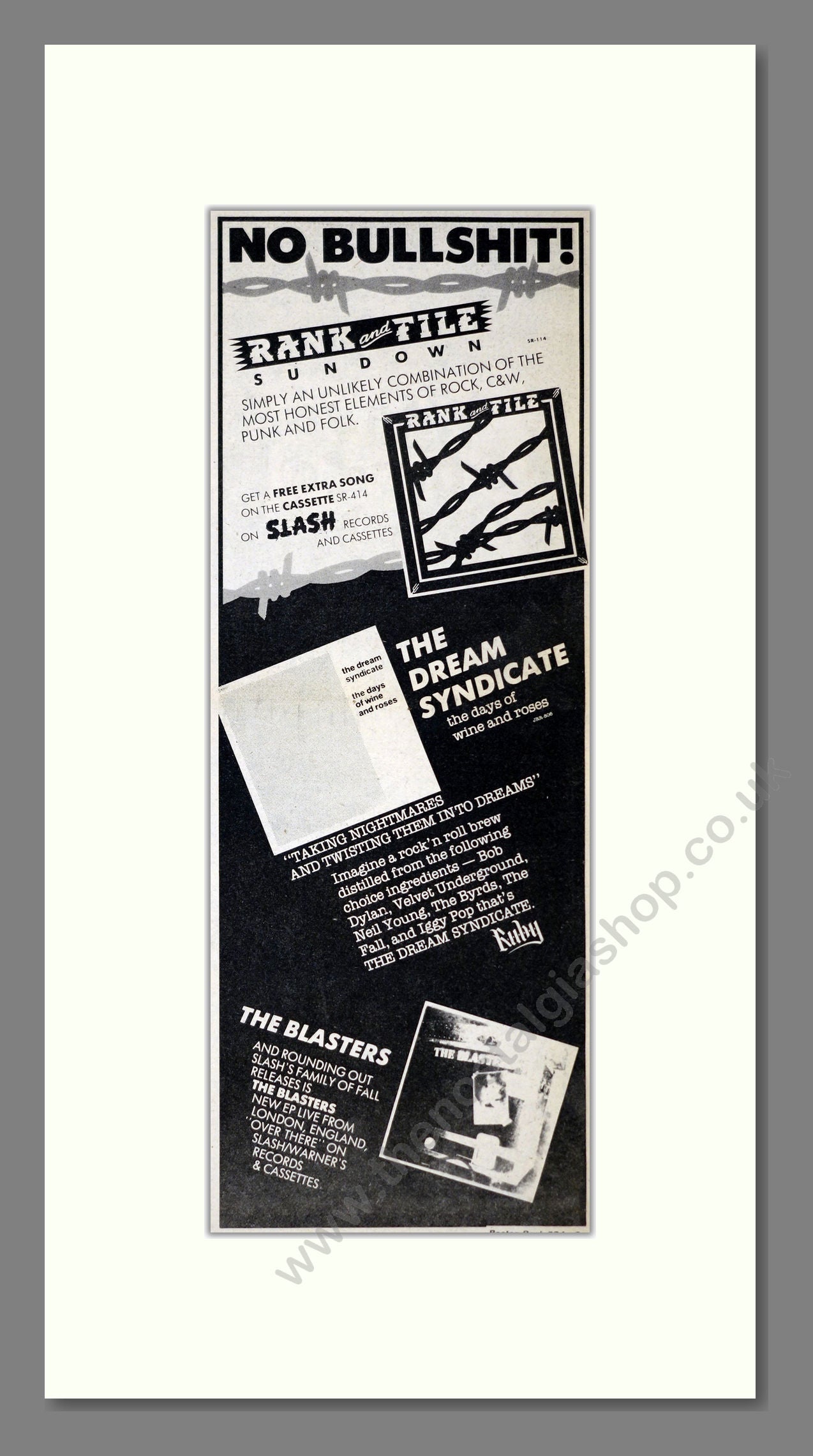 Rank and File Sundown - Various Albums Dream Syndicate (The), Blasters (The). Vintage Advert 1982 (ref AD201104)