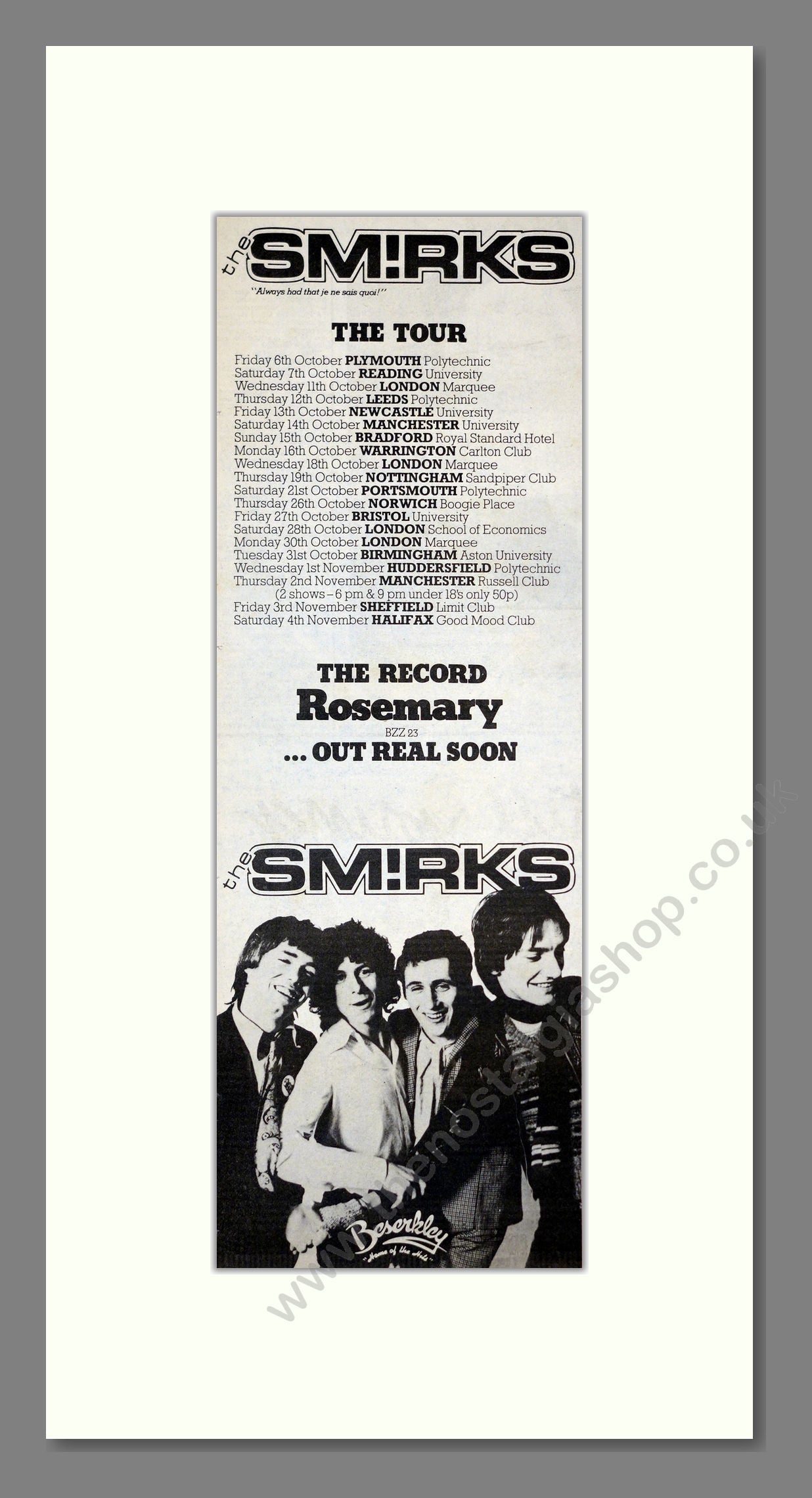 Smirks (The) - Rosemary (UK Tour). Vintage Advert 1978 (ref AD201181)