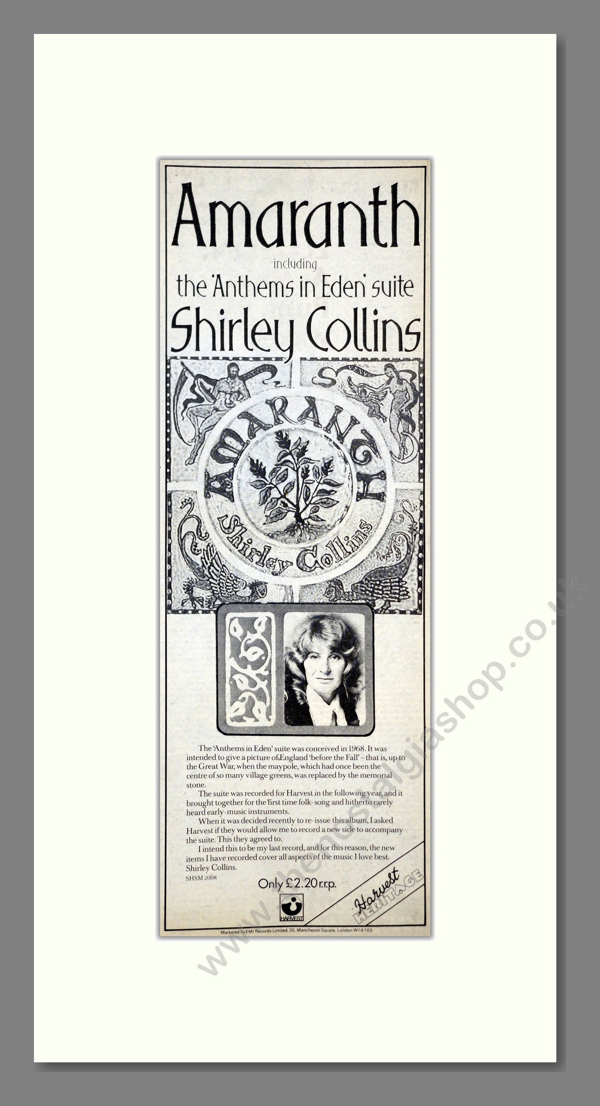 Shirley Collins - Amaranth. Vintage Advert 1976 (ref AD201241)