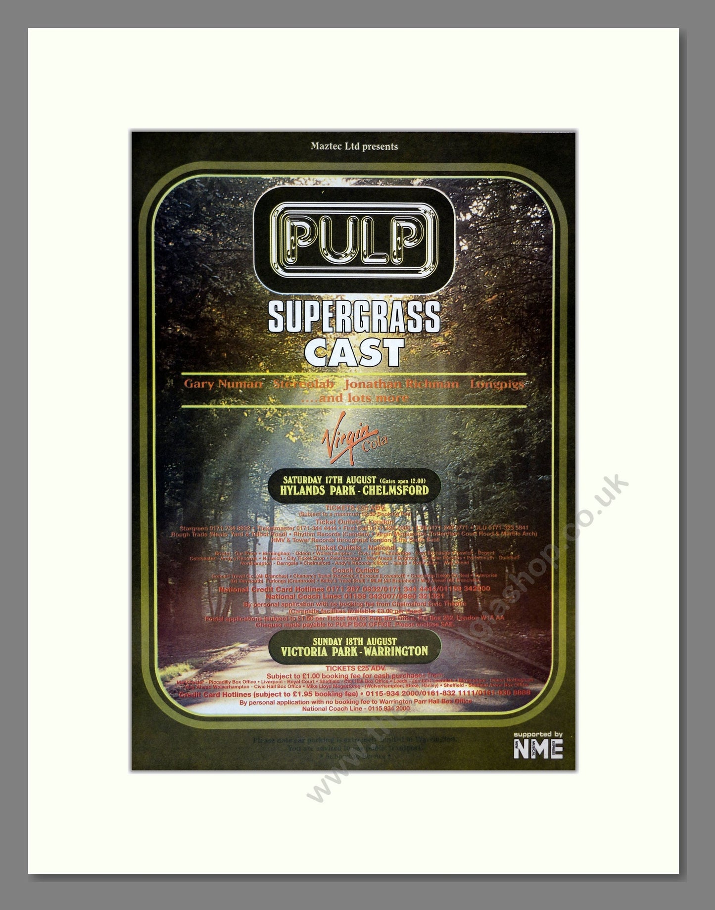 Pulp / Supergrass / Cast - Festival Line up. Vintage Advert 1996 (ref AD17241)