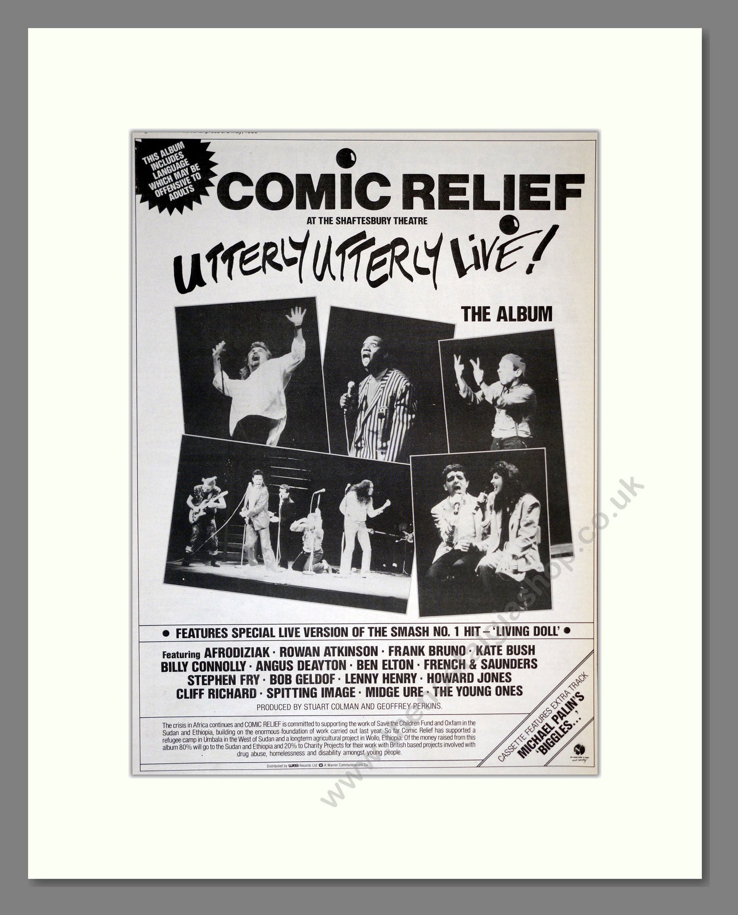 Comic Relief - Utterly Utterly Live Album. Vintage Advert 1986 (ref AD17254)