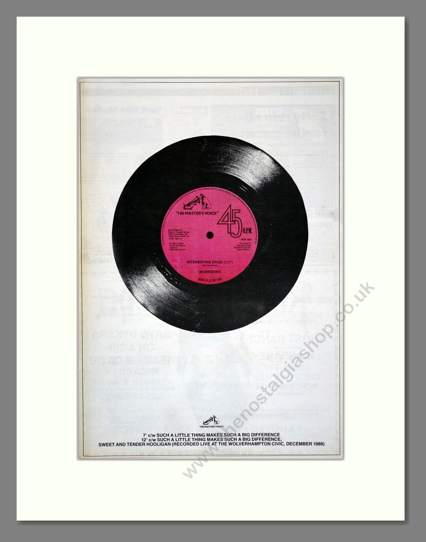 Morrissey - Interesting Drug. Vintage Advert 1989 (ref AD17451)