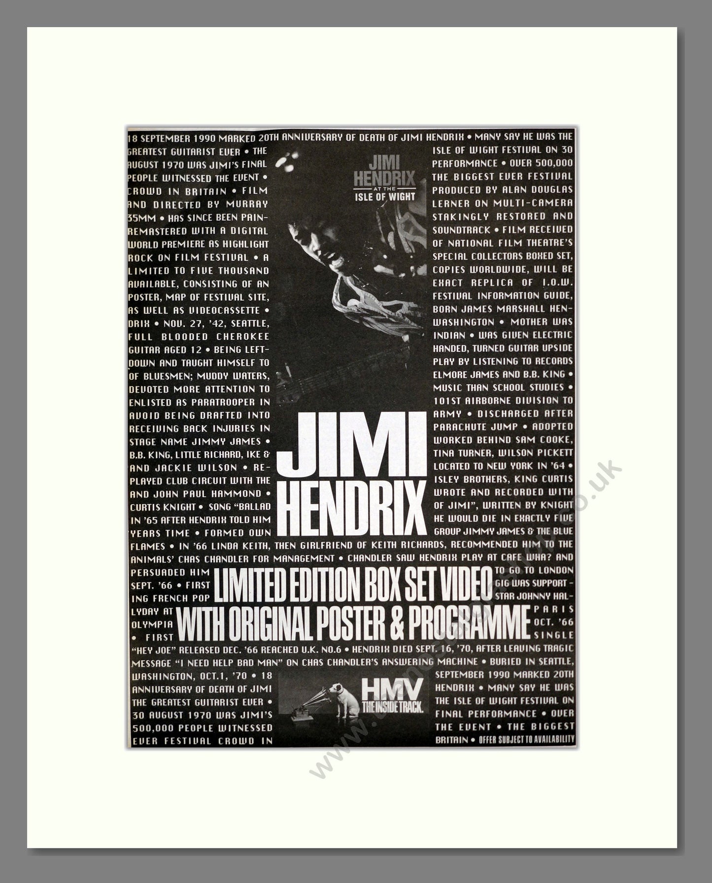 Jimi Hendrix - Box Set Video. Vintage Advert 1990 (ref AD17493)