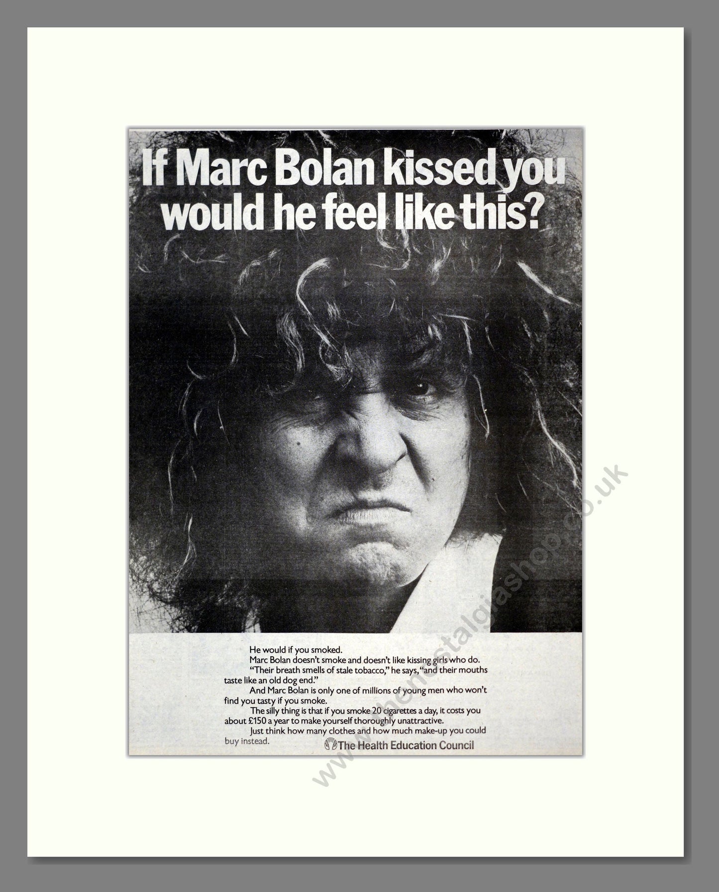 Marc Bolan - Health Education Council Anti-Smoking Advert. Vintage Advert 1976 (ref AD17590)