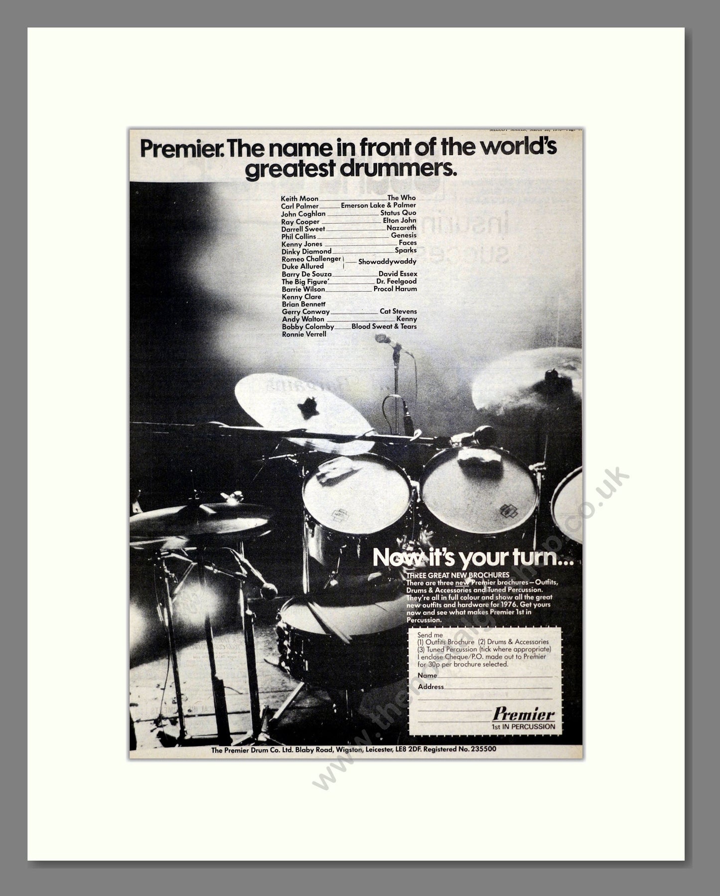 Premier Drums - Drummers List. Vintage Advert 1976 (ref AD17594)