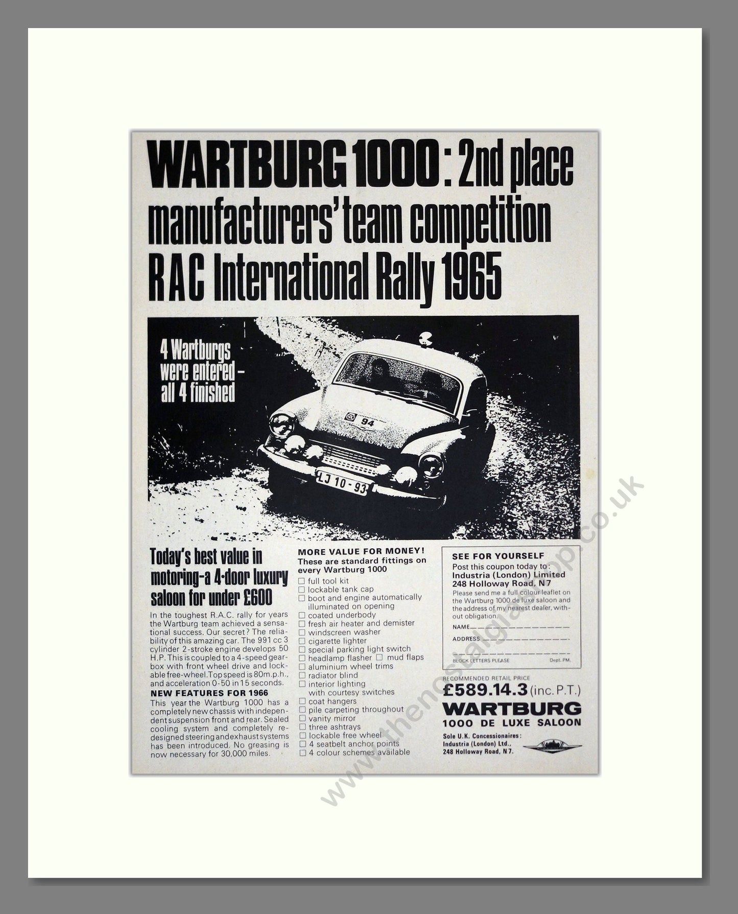Wartburg - 1000 Deluxe. Vintage Advert 1966 (ref AD61533)