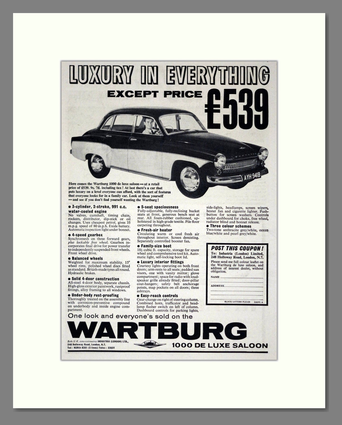 Wartburg - 1000 Deluxe. Vintage Advert 1964 (ref AD61538)