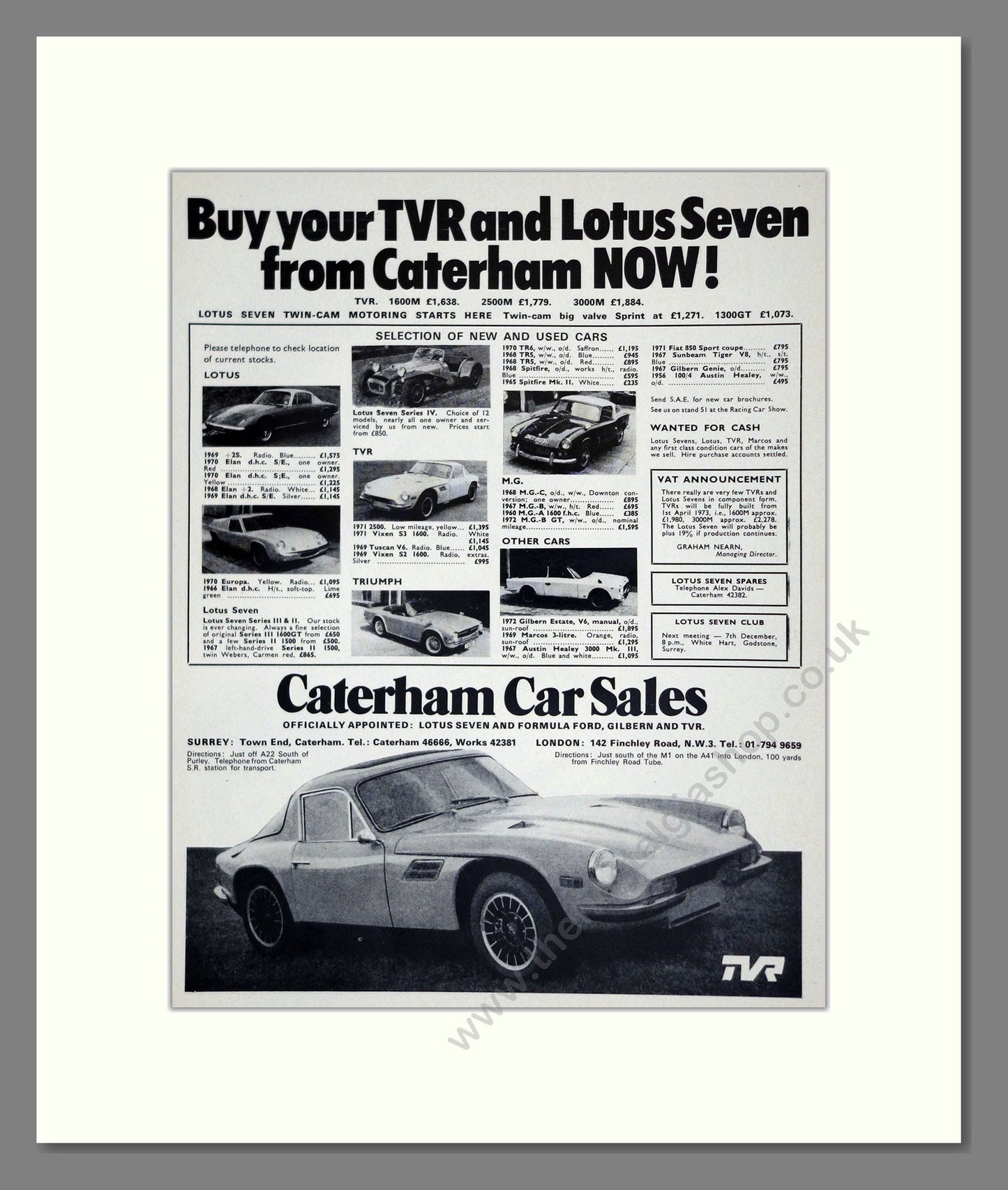 TVR - Caterham Car Sales. Vintage Advert 1972 (ref AD61811)