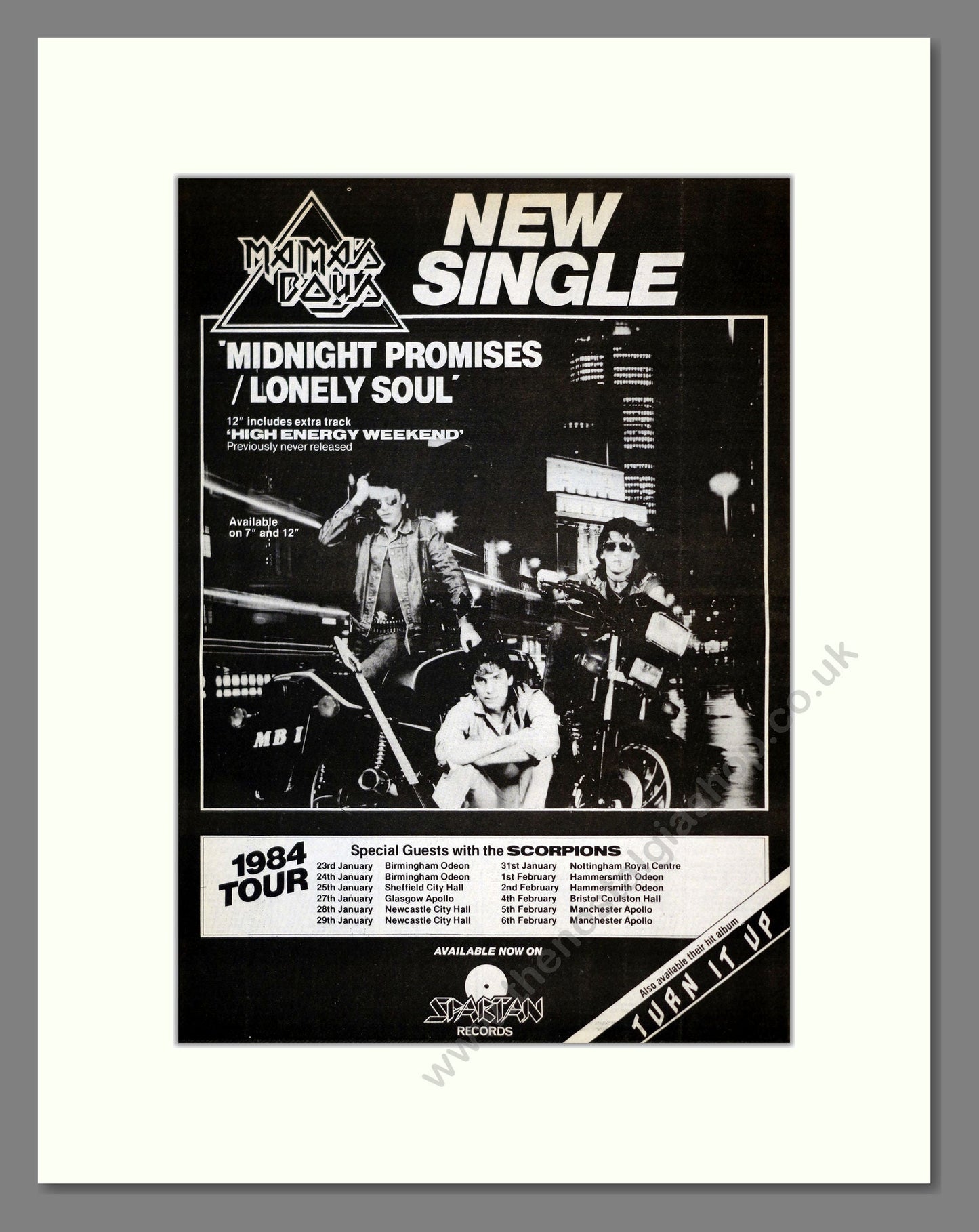 Mama's Boys - Midnight Promises / Lonely Soul. Vintage Advert 1984 (ref AD17682)