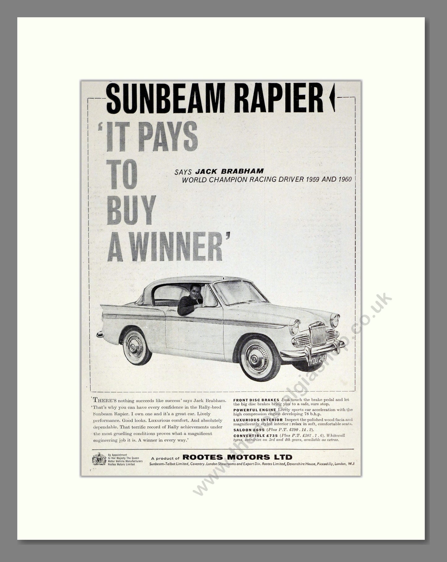 Sunbeam - Rapier. Vintage Advert 1960 (ref AD61841)