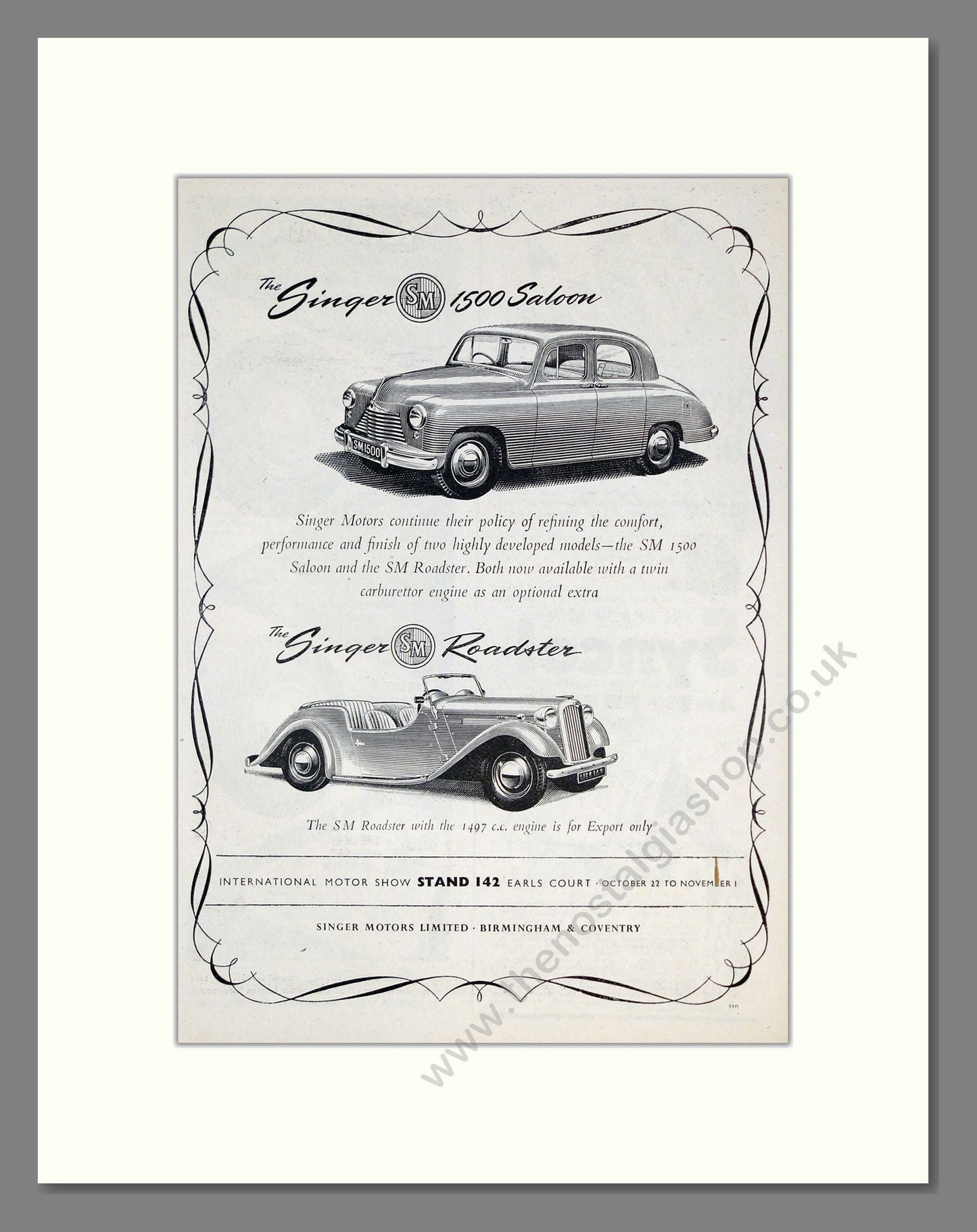 Singer - 1500 / Roadster. Vintage Advert 1952 (ref AD61964)
