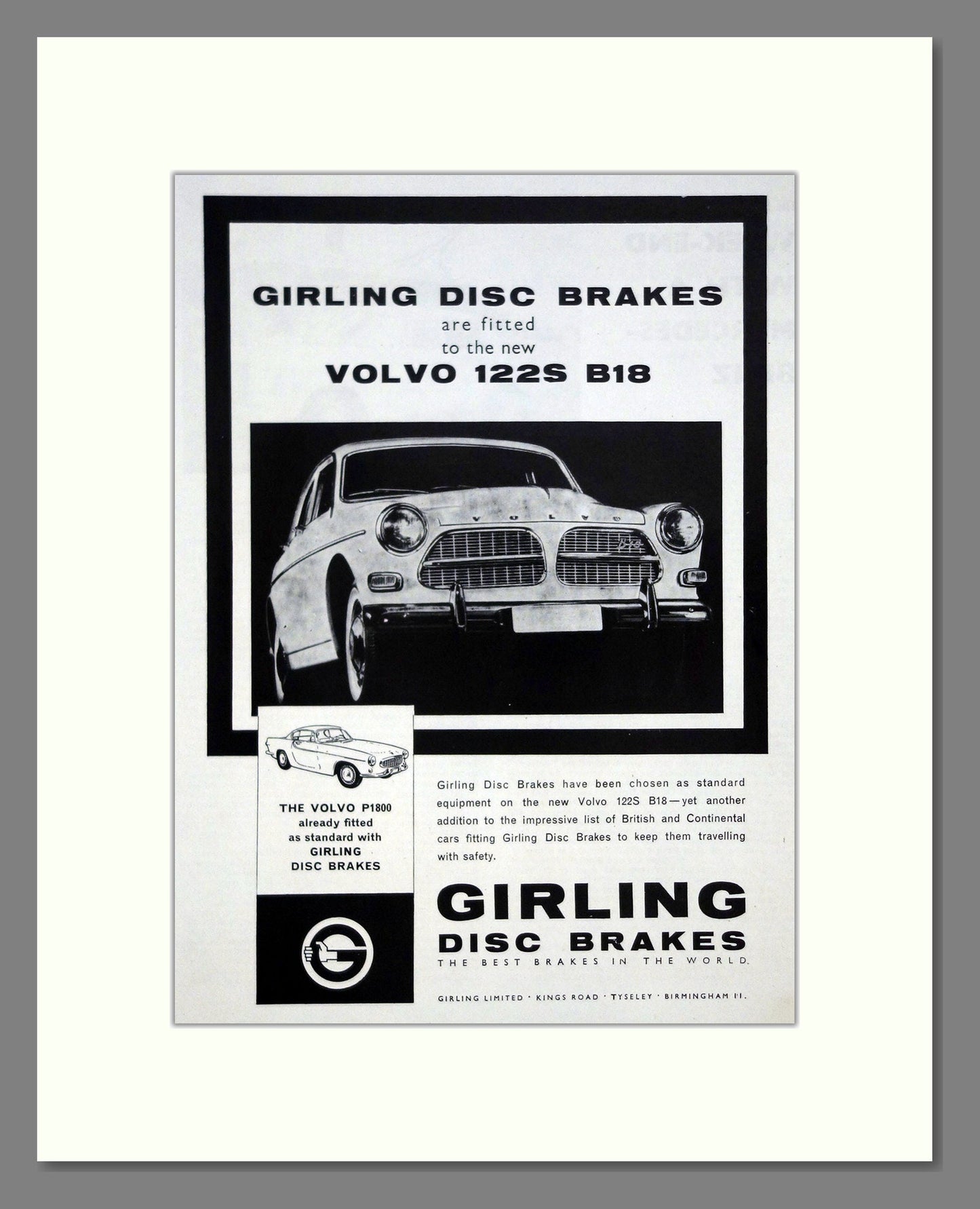Volvo - 122S Girling Brakes. Vintage Advert 1962 (ref AD62077)