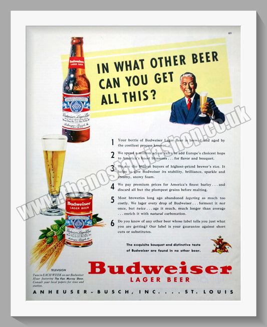Budweiser Lager Beer. Original Advert 1950 (ref AD300457)