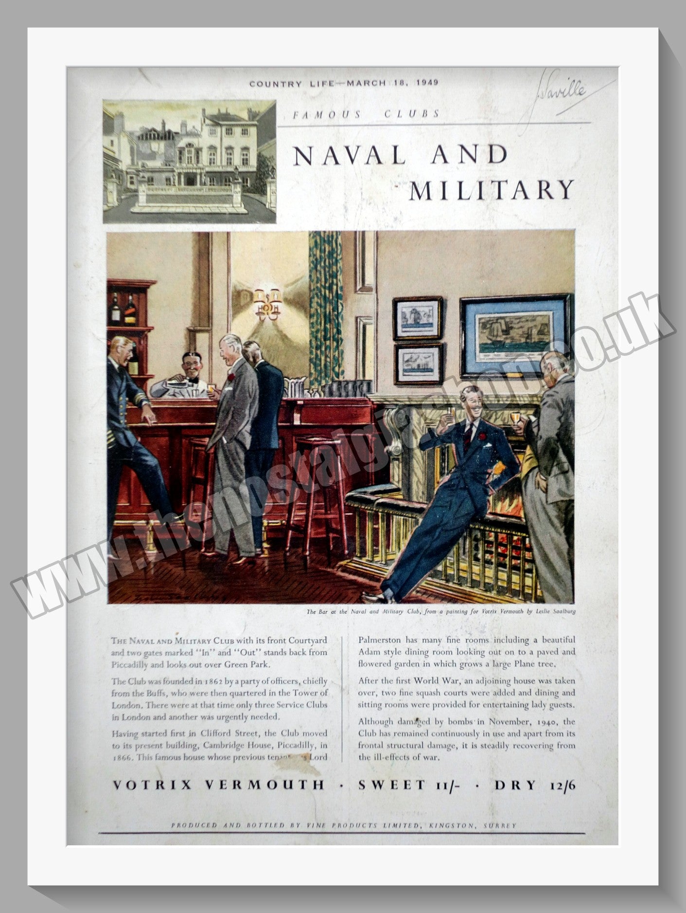 Votrix Vermouth Military Club. Original Advert 1949 (ref AD300463)