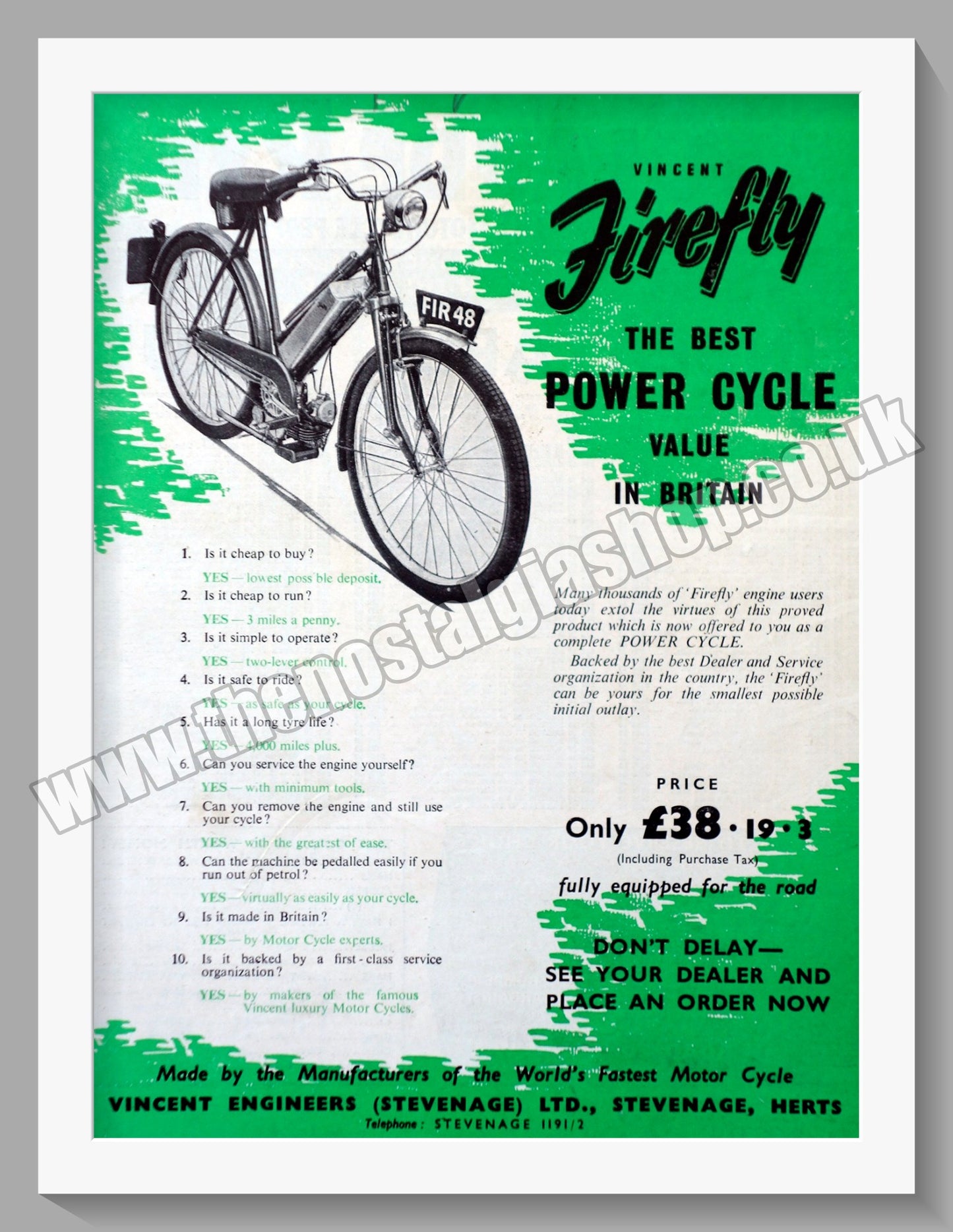 Vincent Firefly Cycle Motor. Vintage Advert 1955 (ref AD56489)