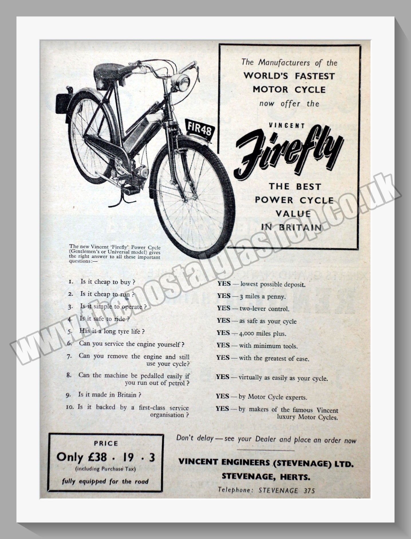 Vincent Firefly Cycle Motor. Vintage Advert 1955 (ref AD56490)