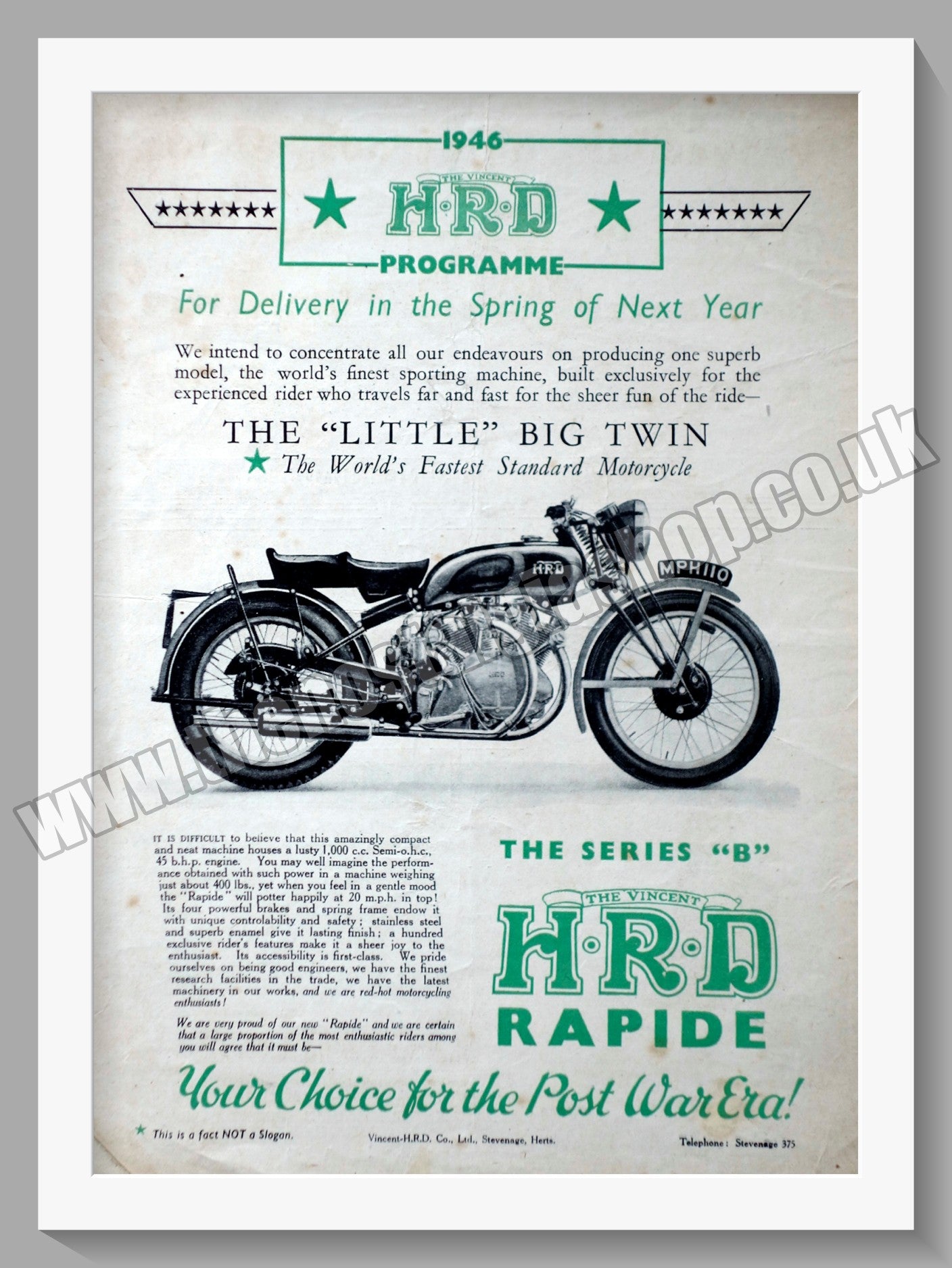 Vincent H.R.D Rapid Motorcycle. Vintage Advert 1945 (ref AD56506)