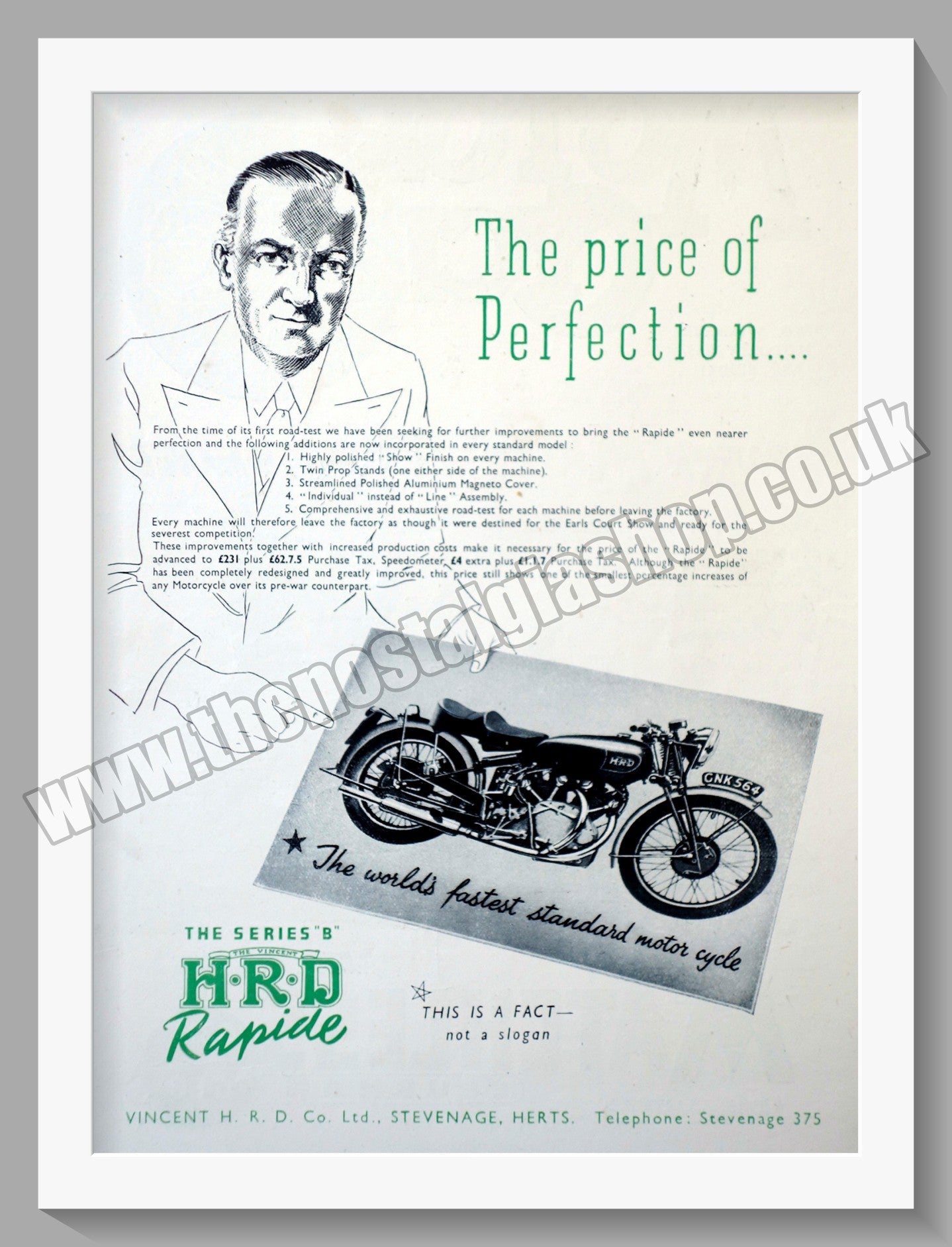 Vincent H.R.D Rapid Motorcycle. Vintage Advert 1946 (ref AD56509)