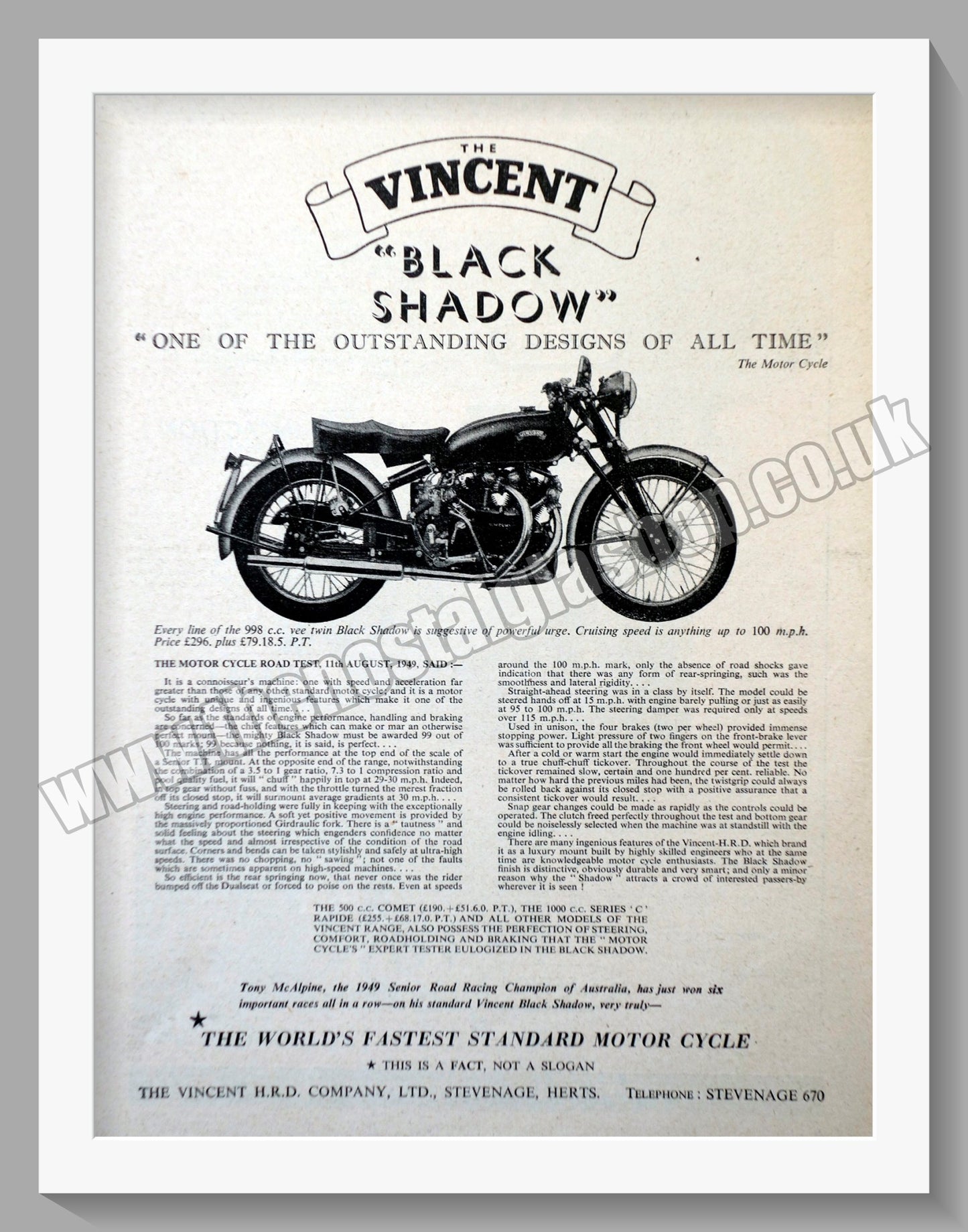 Vincent Black Shadow Motorcycle. Vintage Advert 1950 (ref AD56510)