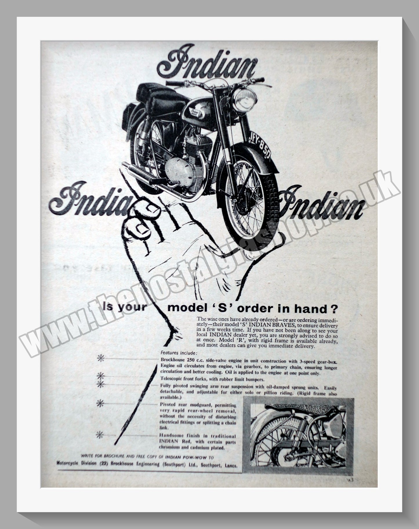 Indian Brave Model S Motorcycle. Original Advert 1954 (ref AD56513)
