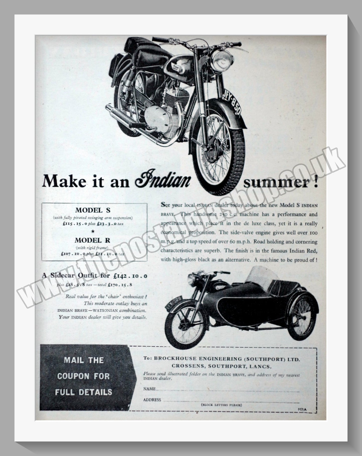 Indian Brave Model S & Model R Motorcycles. Original Advert 1954 (ref AD56514)