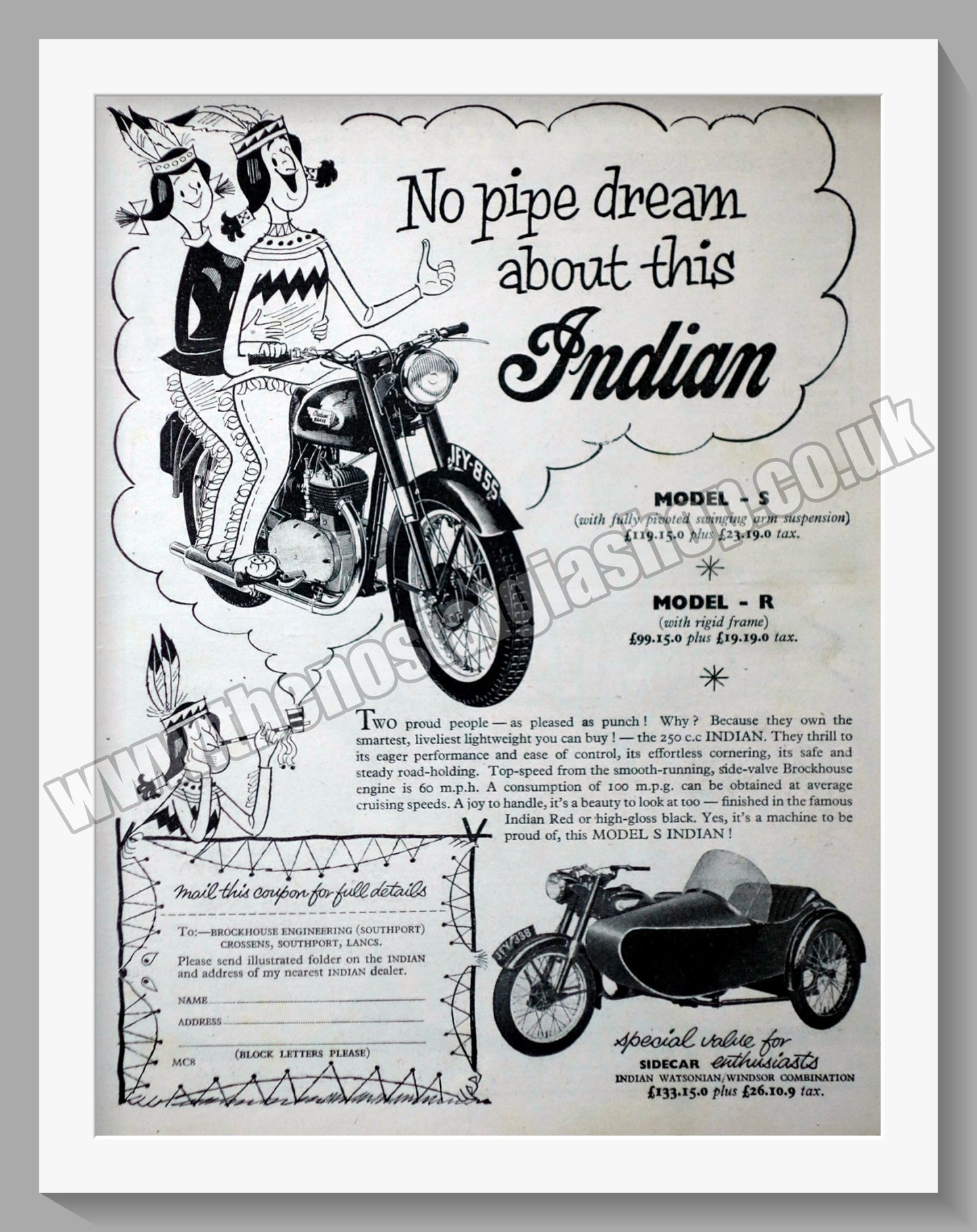 Indian Brave Model S & Model R Motorcycles. Original Advert 1955 (ref AD56515)