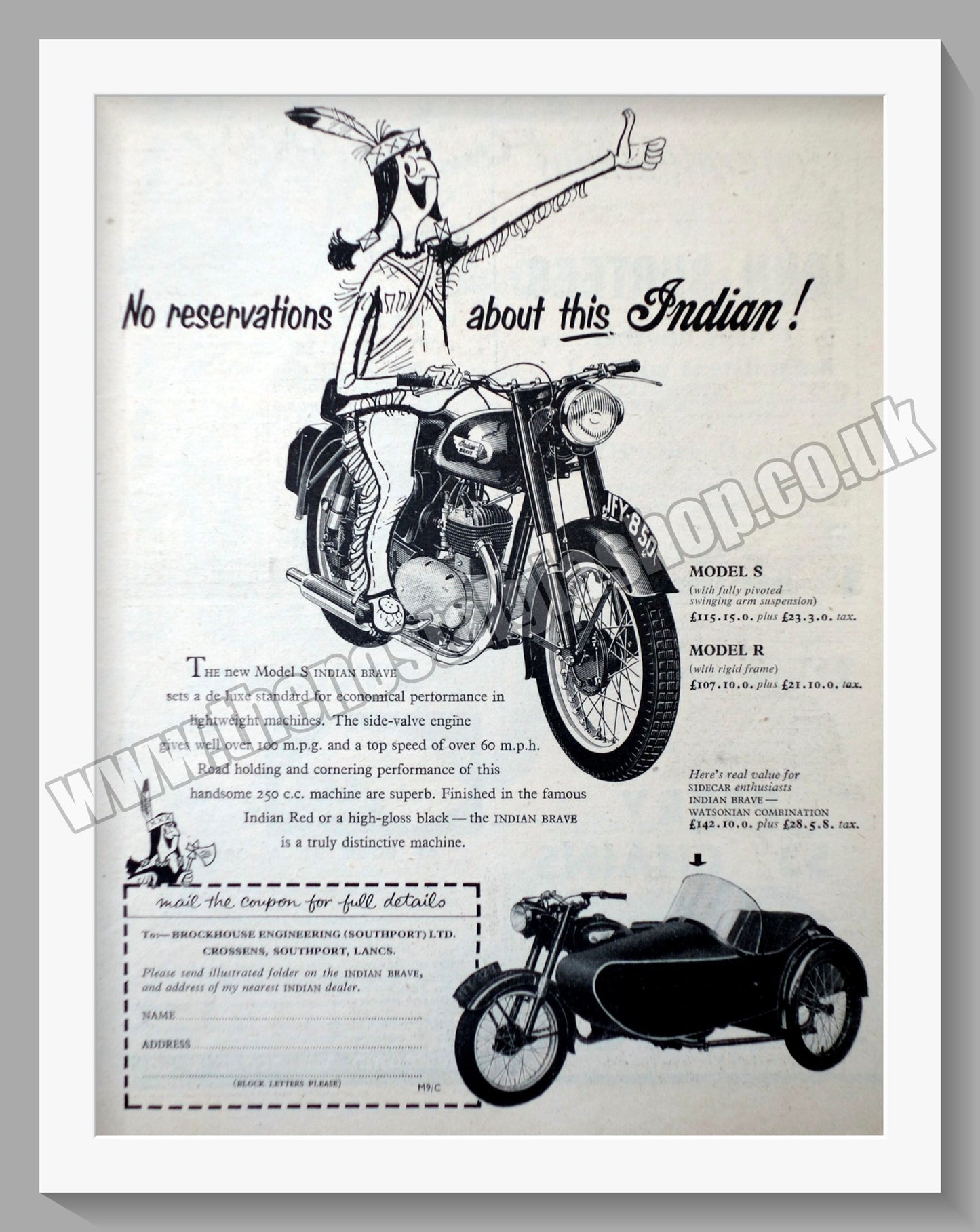 Indian Brave Model S & Model R Motorcycles. Original Advert 1954 (ref AD56517)