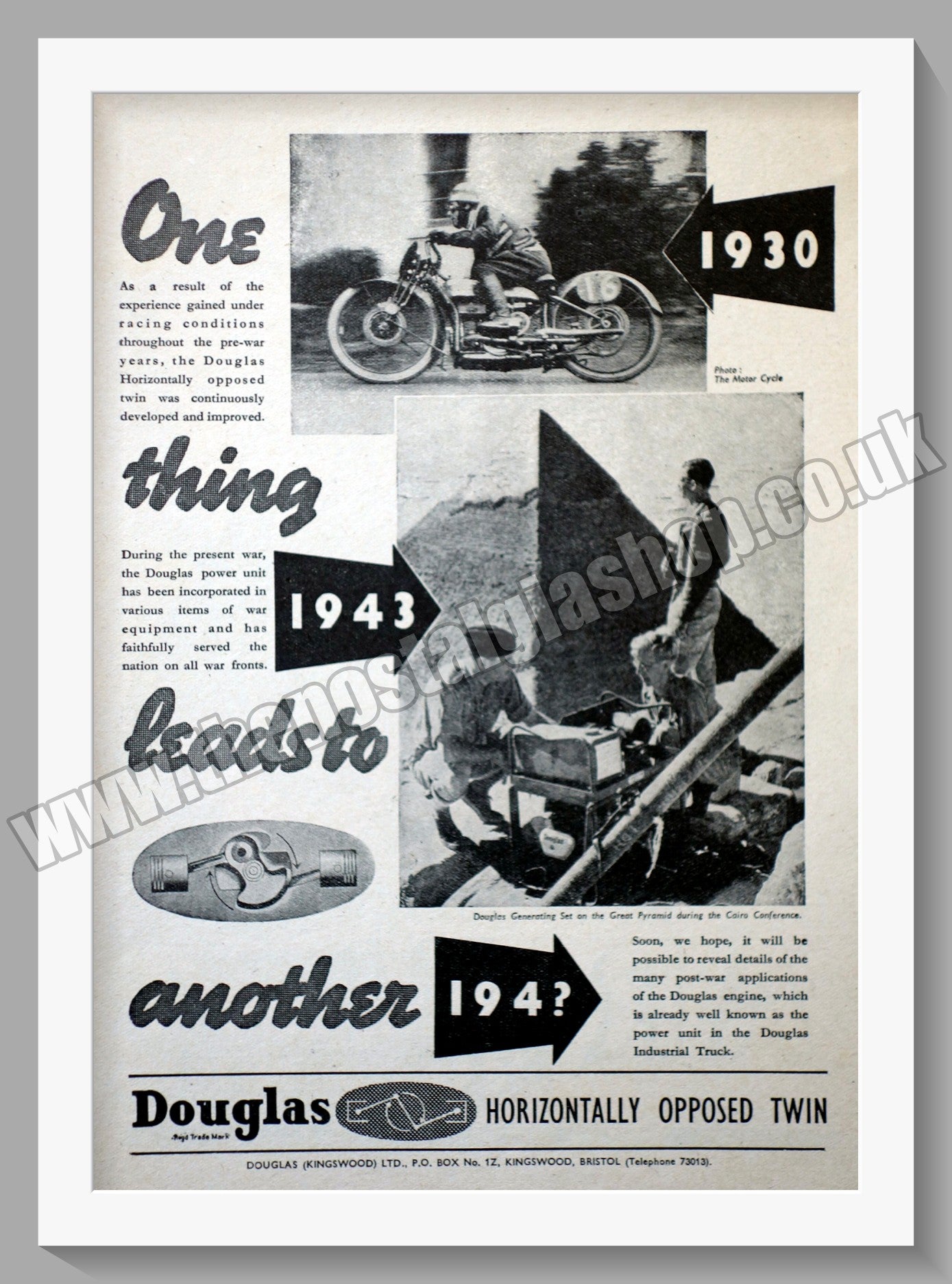 Douglas Motorcycle, Horizontally Opposed Twin. Original advert 1945 (ref AD56525)