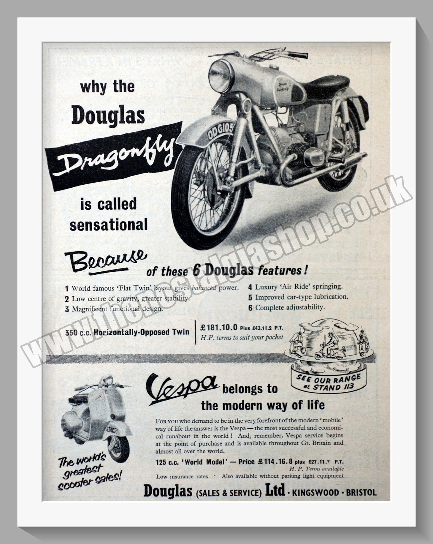 Douglas Dragonfly Motorcycle. Original advert 1955 (ref AD56528)