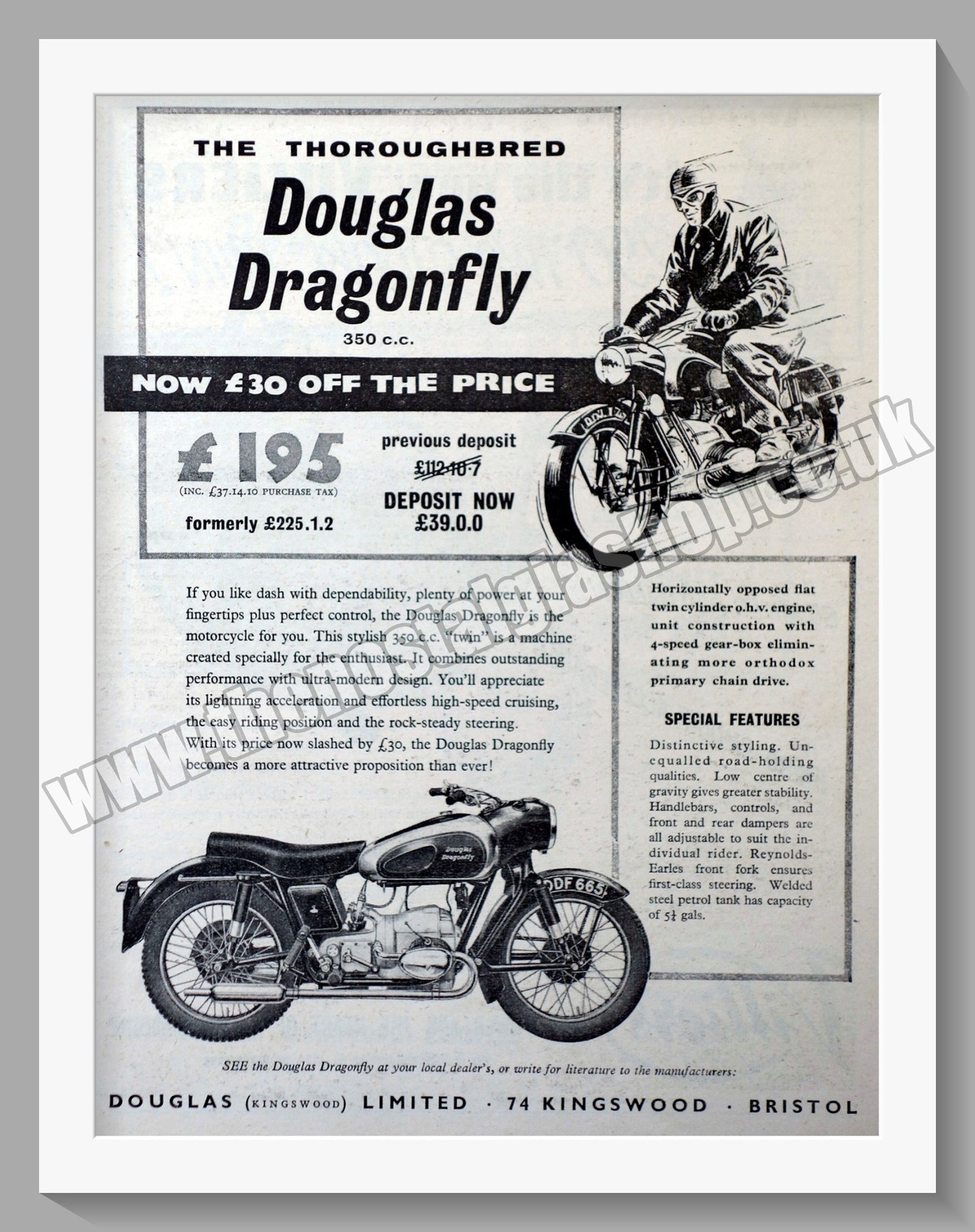 Douglas Dragonfly Motorcycle. Original advert 1957 (ref AD56530)